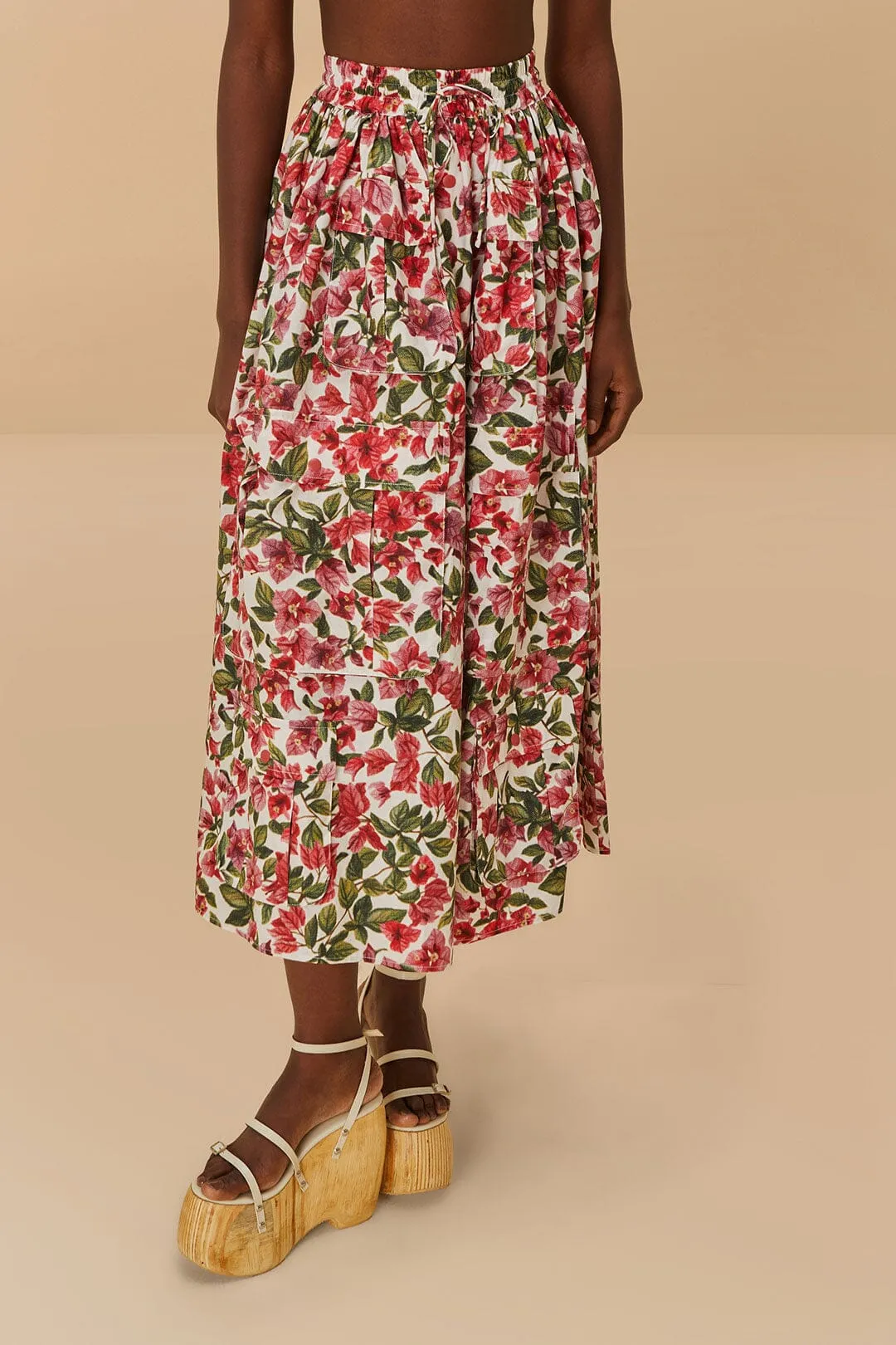 Flexible Knit Stretch Waist Pink Halftone Bougainvillea Organic Cotton Maxi Skirt