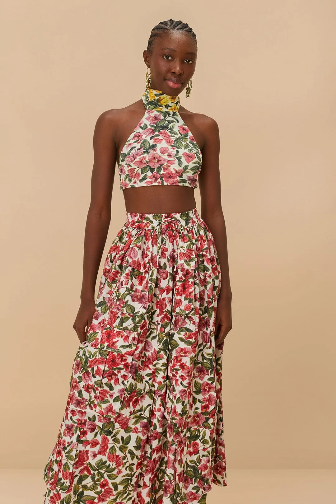 Pink Halftone Bougainvillea Organic Cotton Maxi Skirt Inverted Pleats