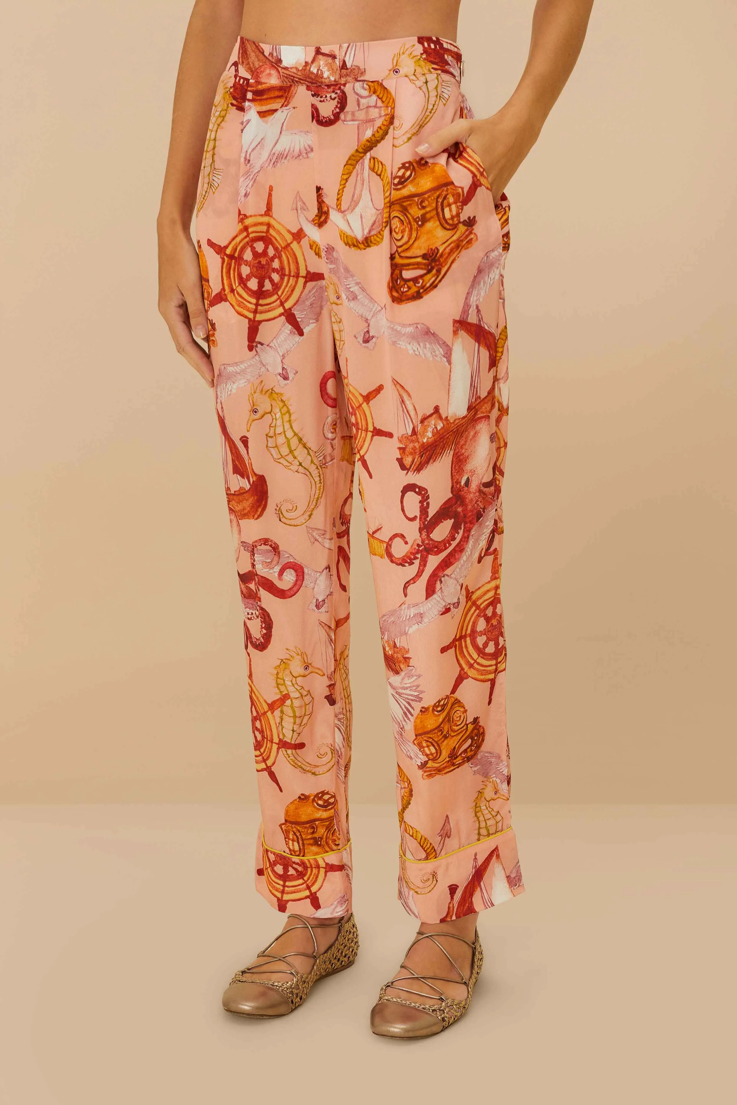 Pink Nautical Wonder Pajama Pants High Waist Stretch Pull-on style