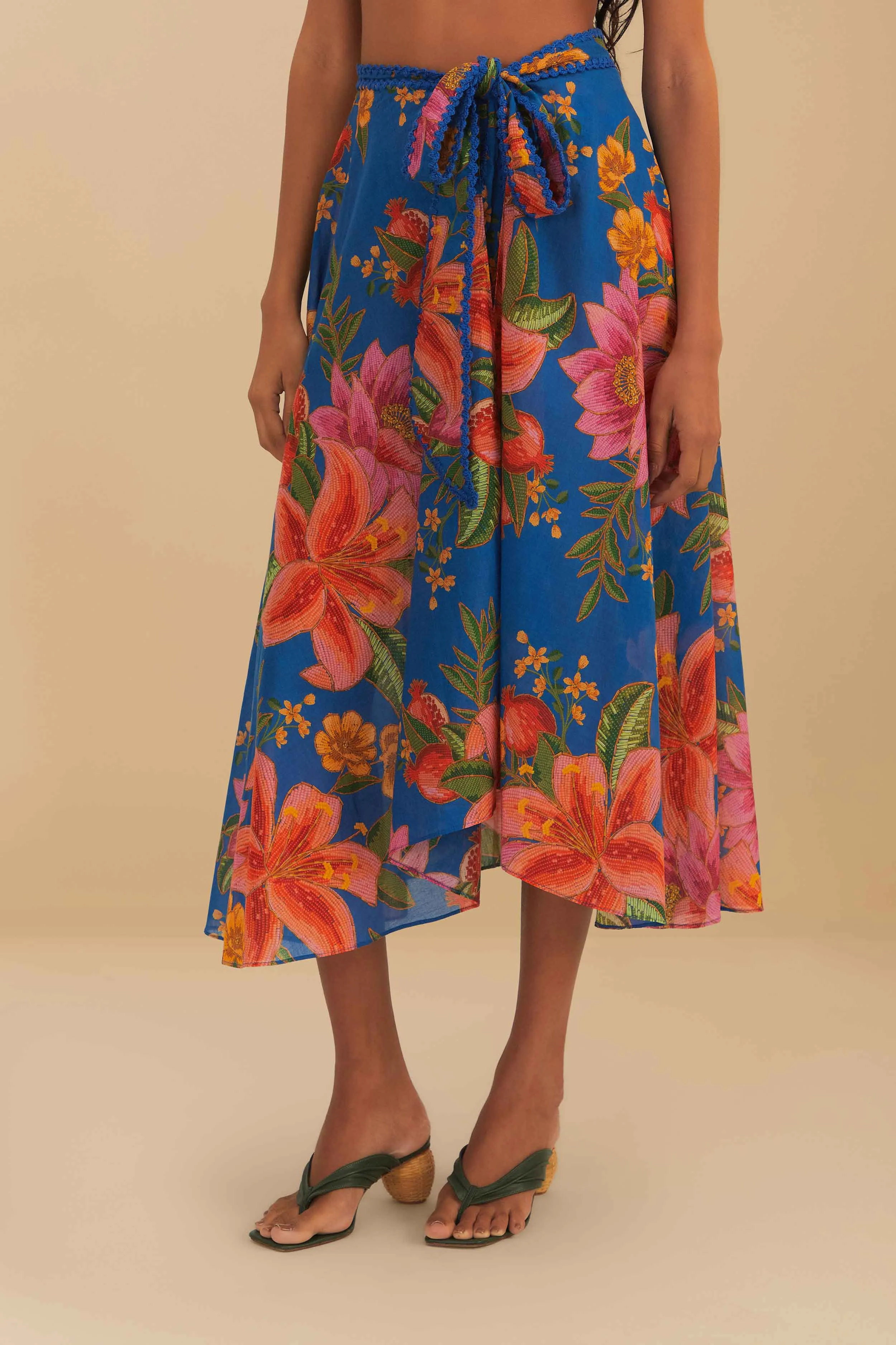 Blue Summer Fruit Midi Skirt Crafted Detail