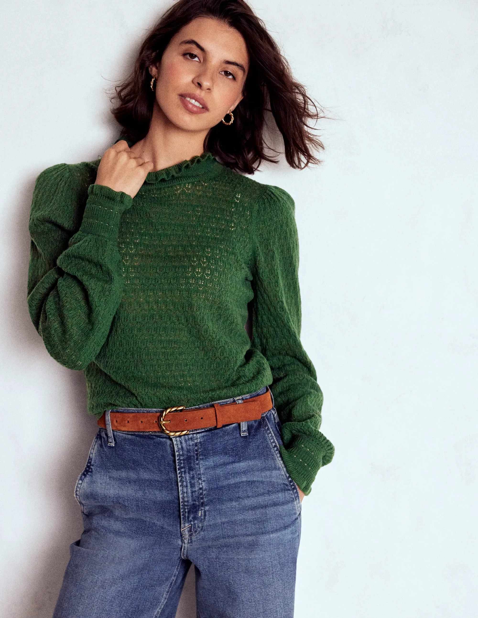 Breathable Mesh Panels Double Layered Pointelle Ruffle Jumper-Hunter Green