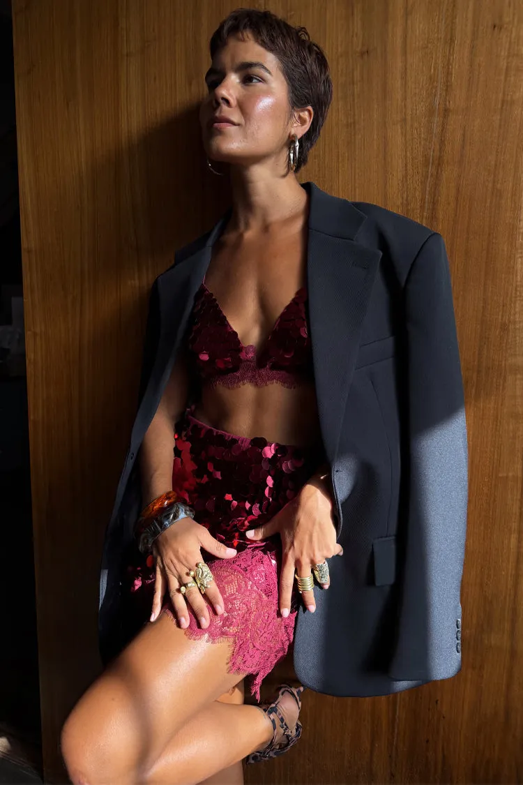 Burgundy Large Sequin Mini Maeva Skirt Fall Favorite Linen blend