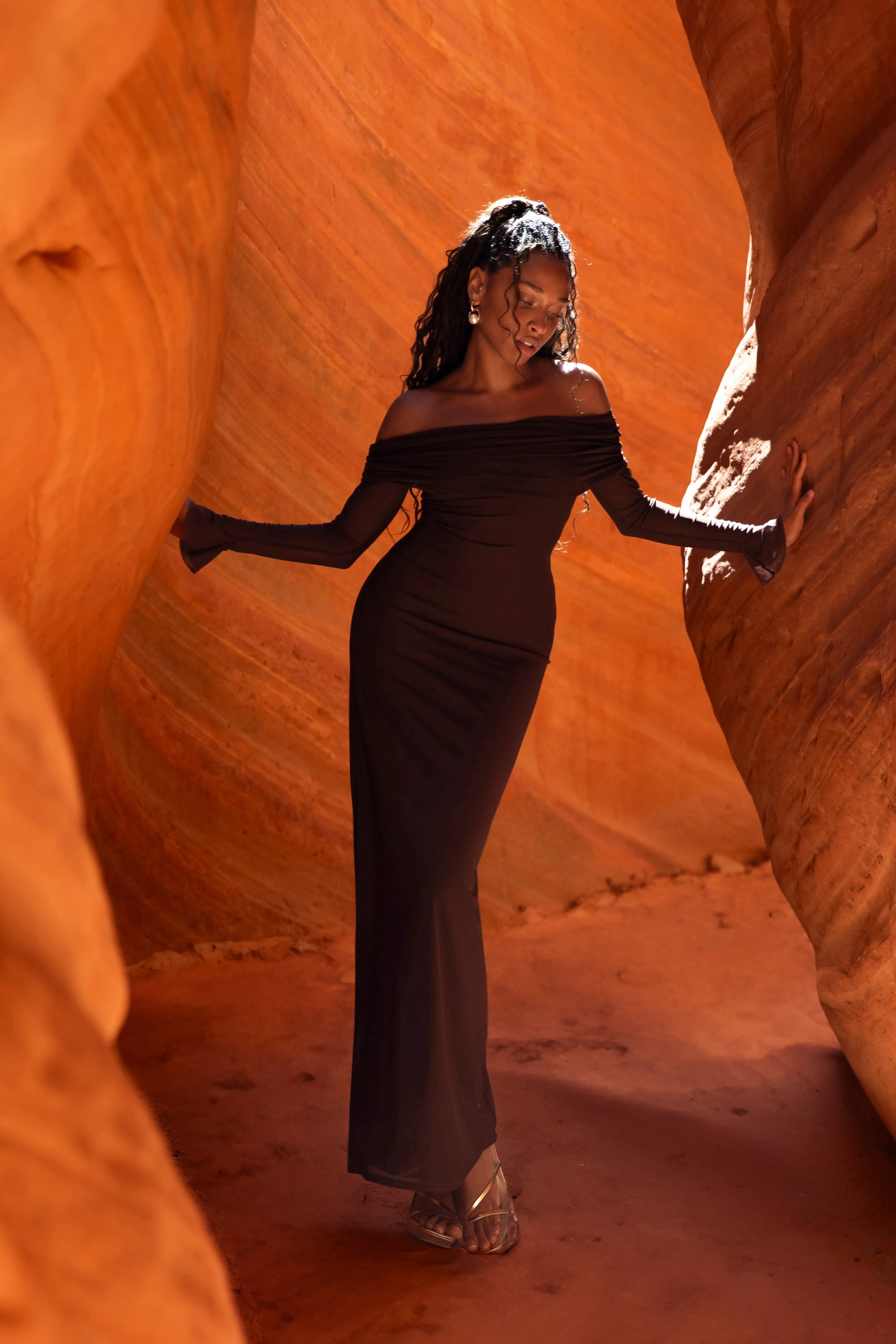 Invisible-Zip Josie Off Shoulder Mesh Maxi Dress - Dark Brown