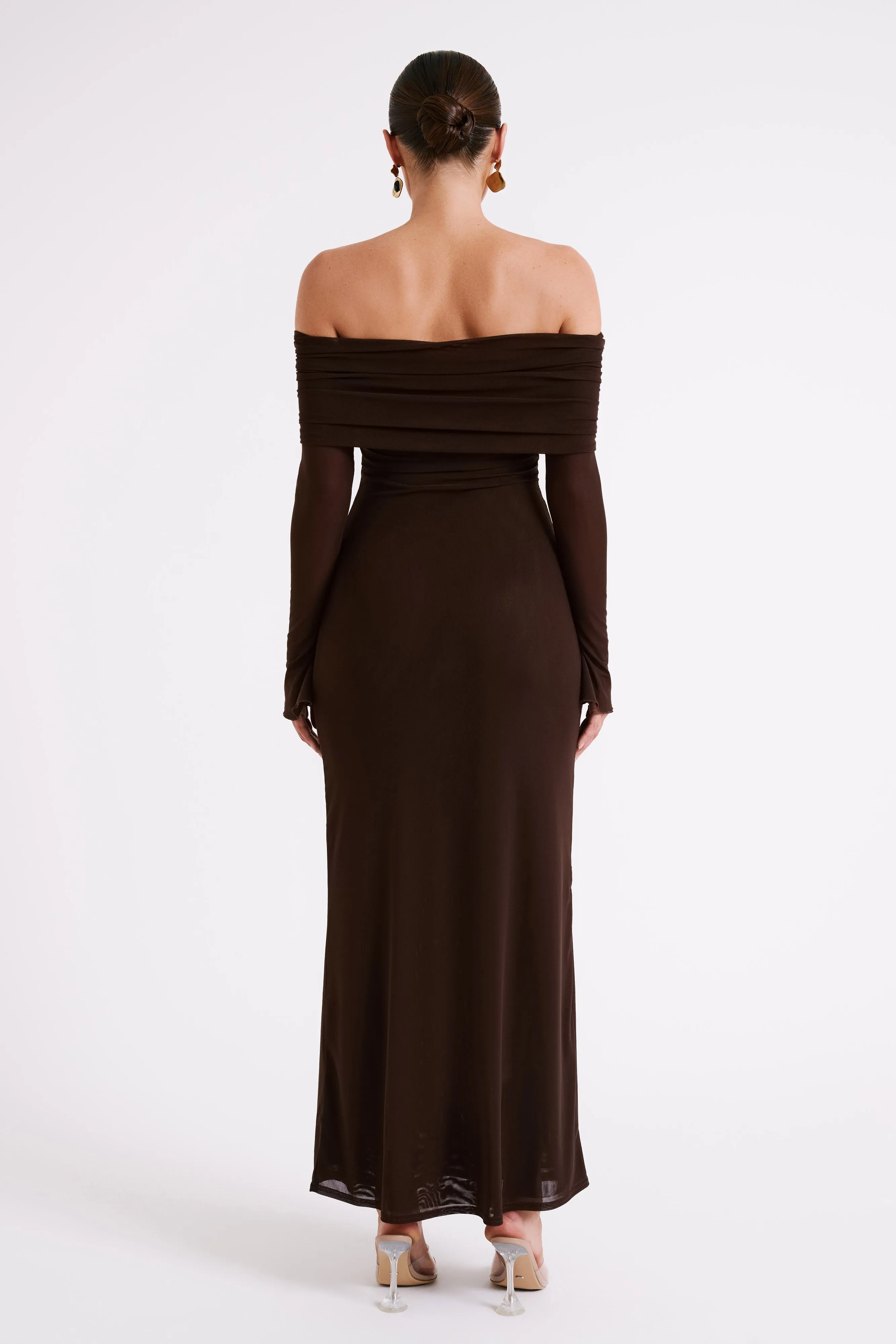 Smooth Shape Josie Off Shoulder Mesh Maxi Dress - Dark Brown