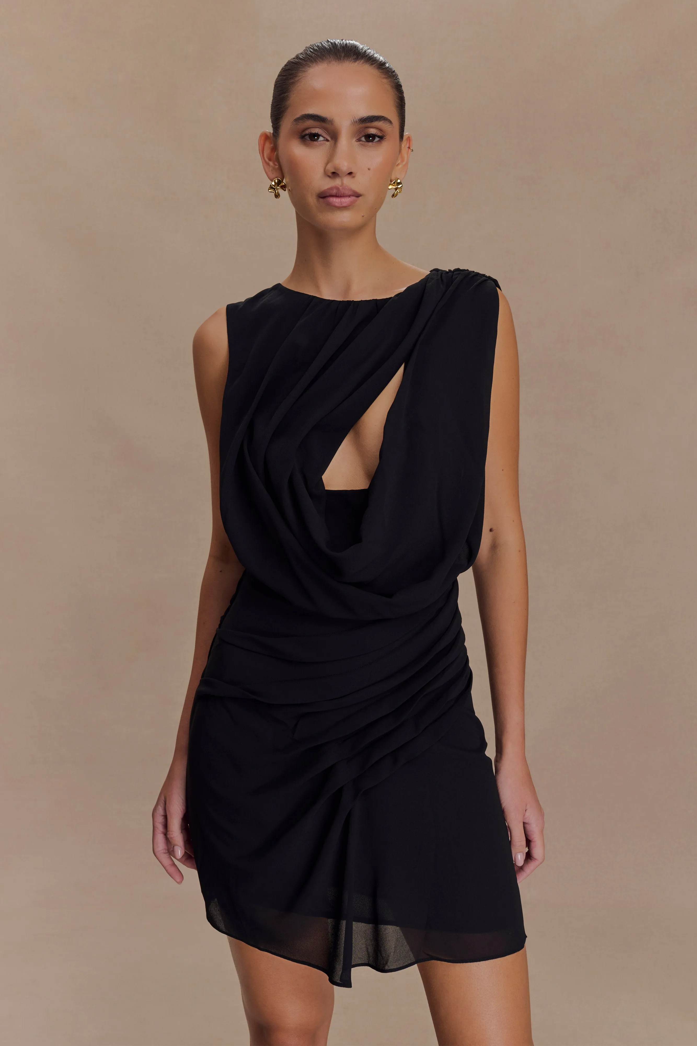 Oria Chiffon Mini Dress - Black Flap-Detail Cozy Fit