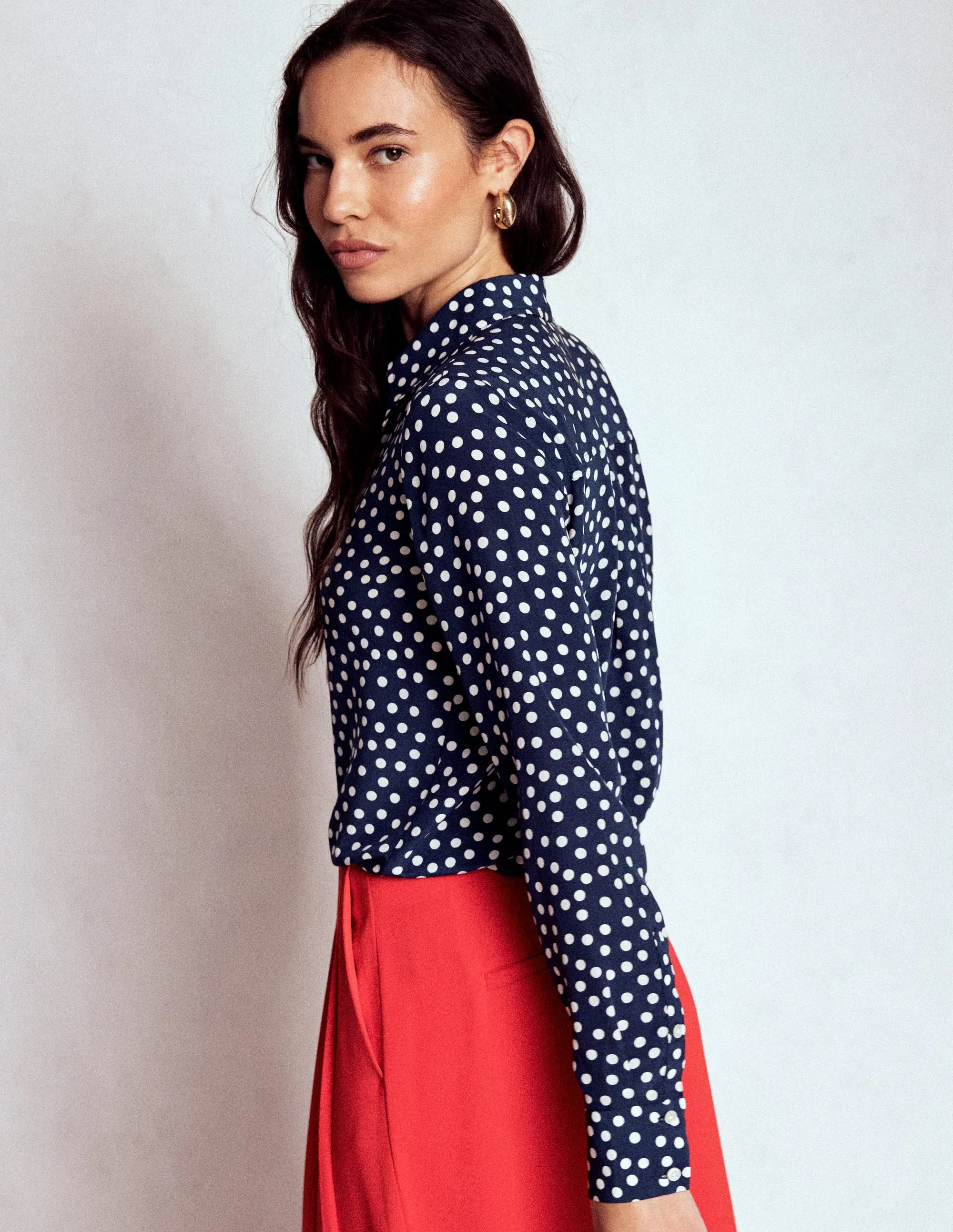 Sienna Silk Shirt-French Navy, Painted Dot Geometric Print