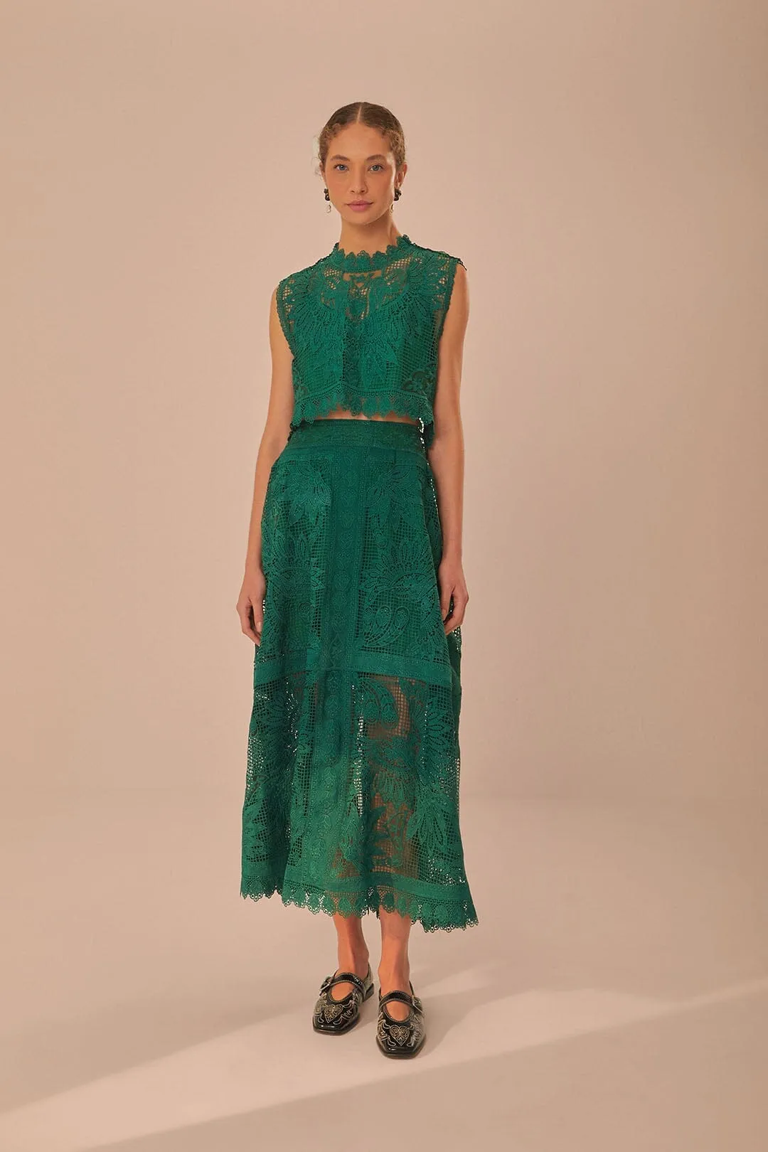 Green Toucans Guipure Sleeveless Top AntiStatic Cloth Fashion Forward