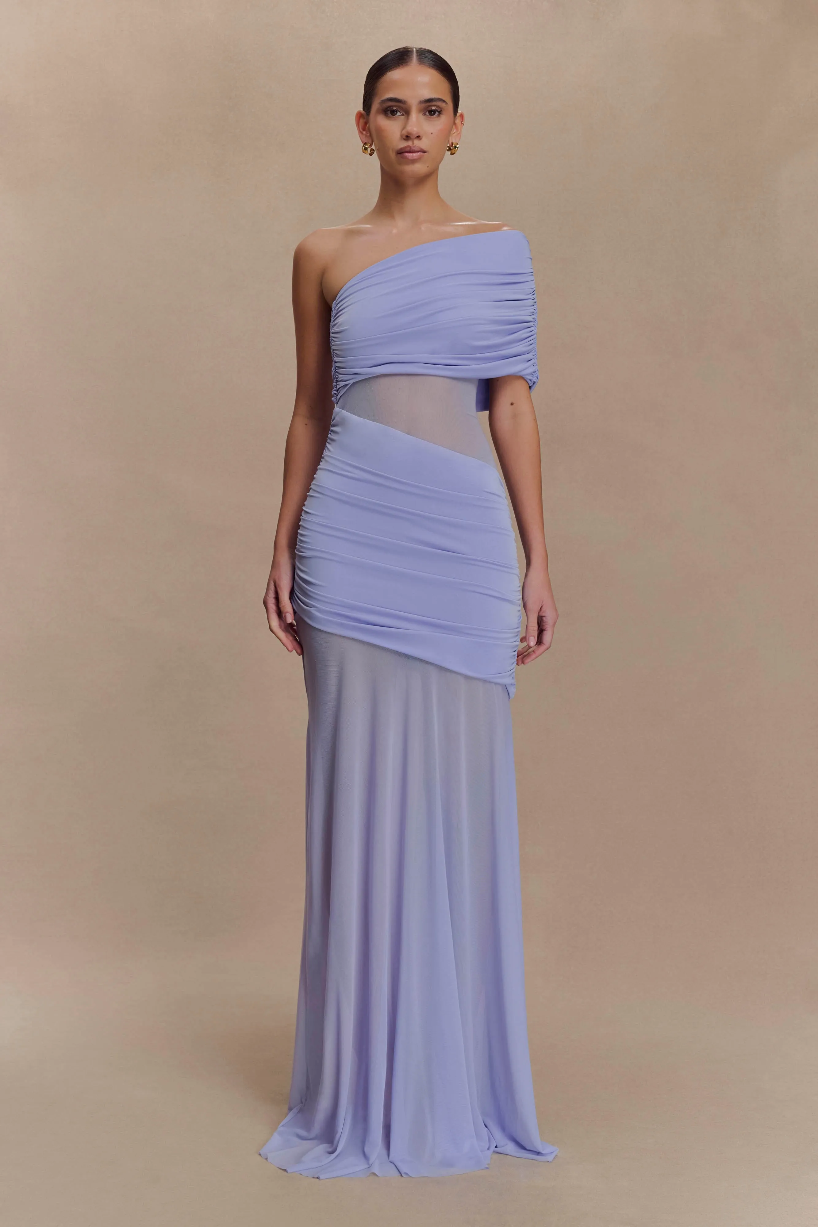 Dallas One Shoulder Mesh Maxi Dress - Lavender petite size Minimalist Waistband