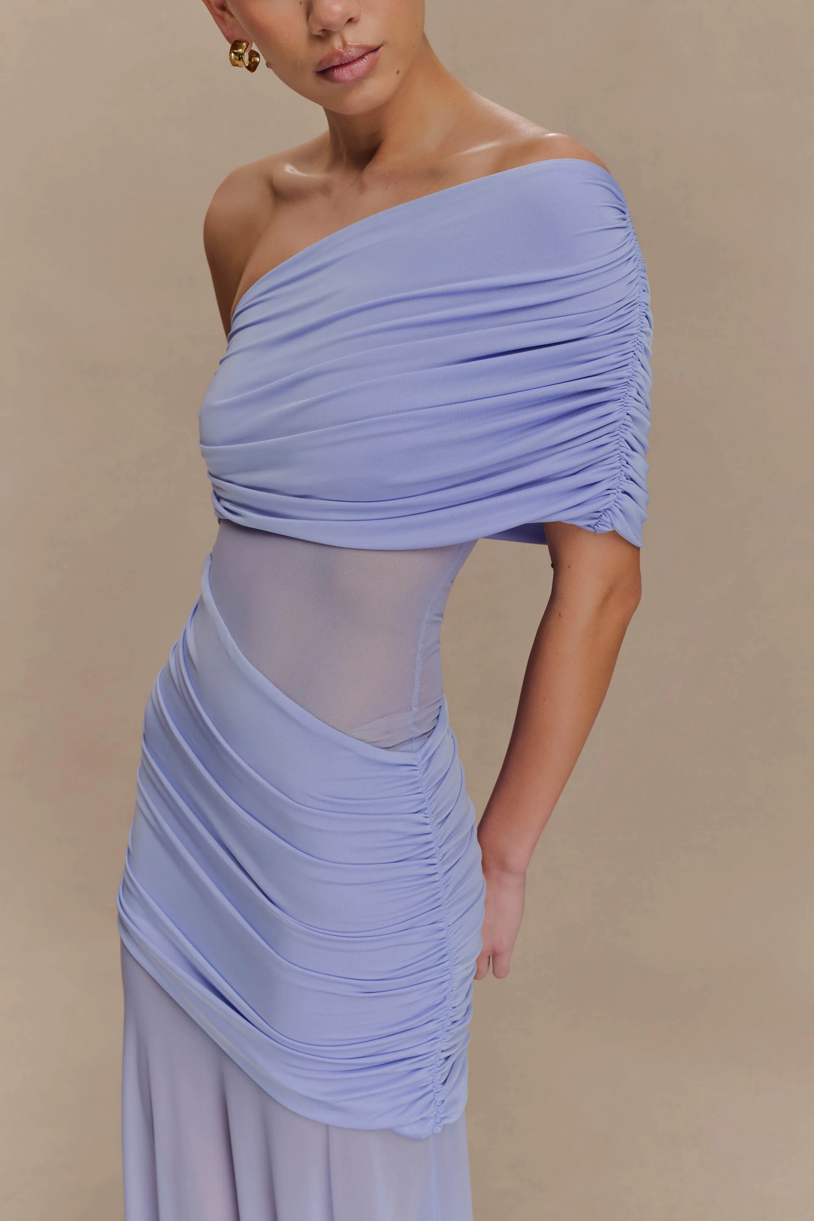 Dallas One Shoulder Mesh Maxi Dress - Lavender Velvet-Touch Midnight Mood