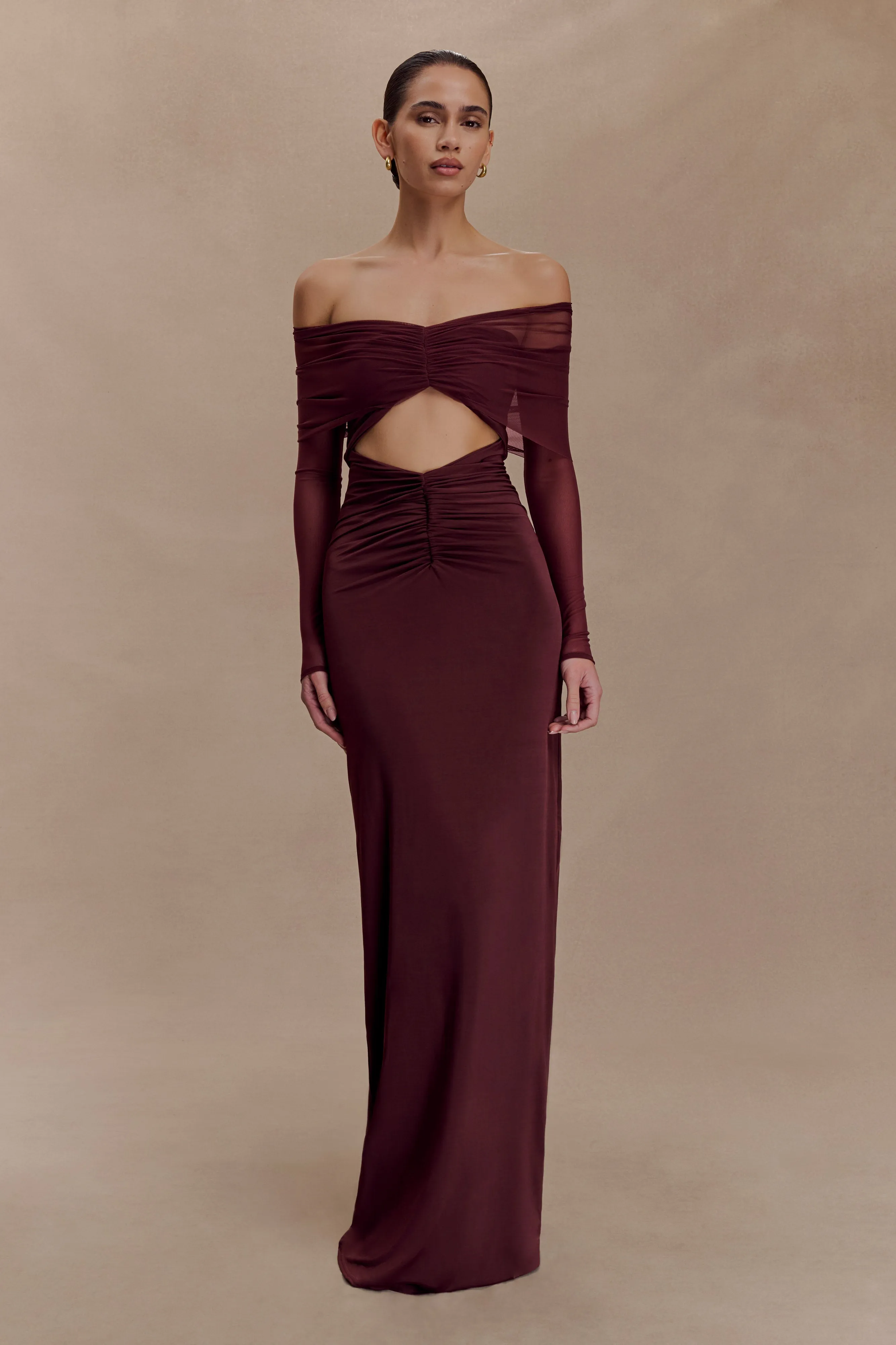 Rafaella Slinky And Mesh Maxi Dress - Mahogany Soft Texture