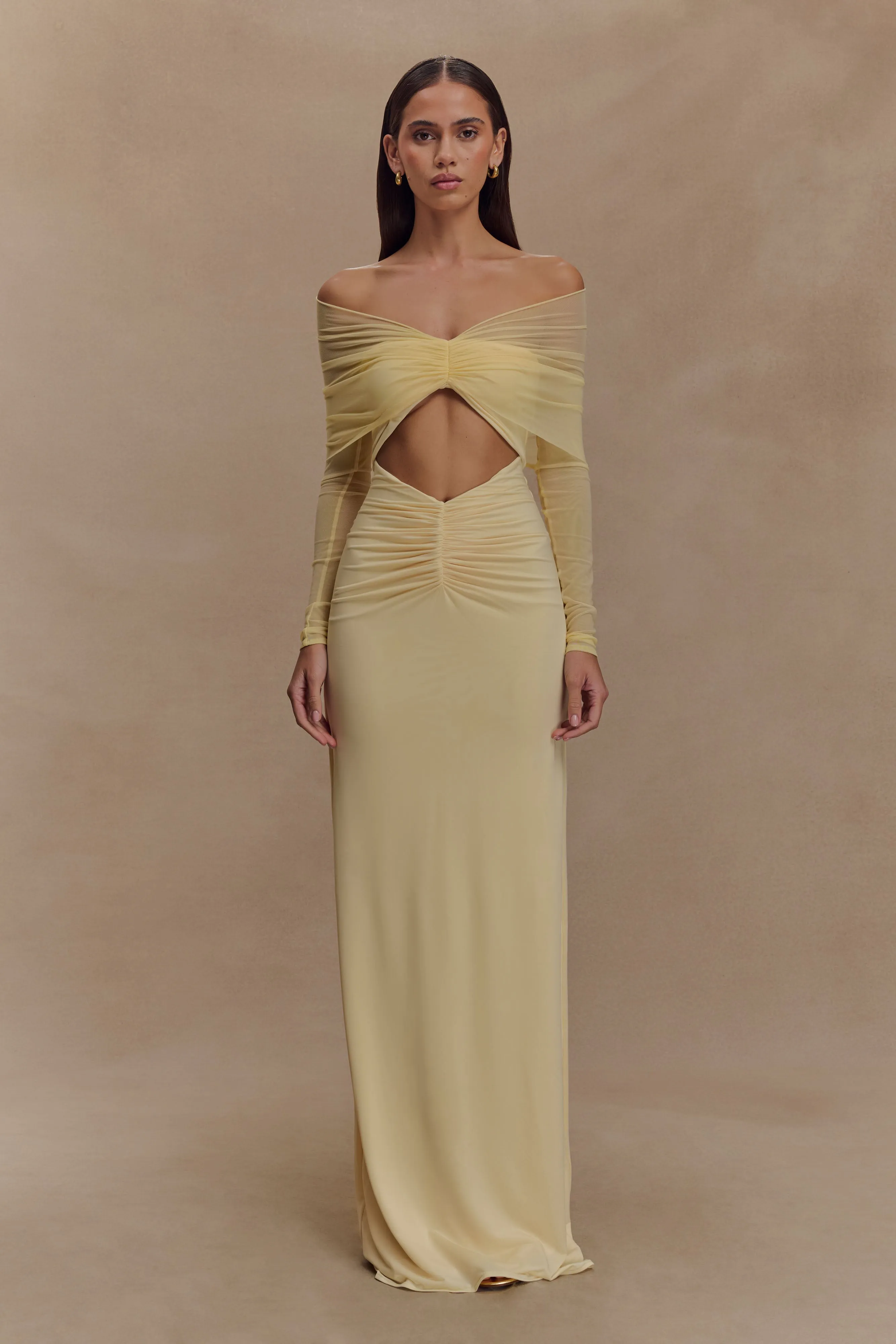 Soft and Stylish Rafaella Slinky And Mesh Maxi Dress - Lemon