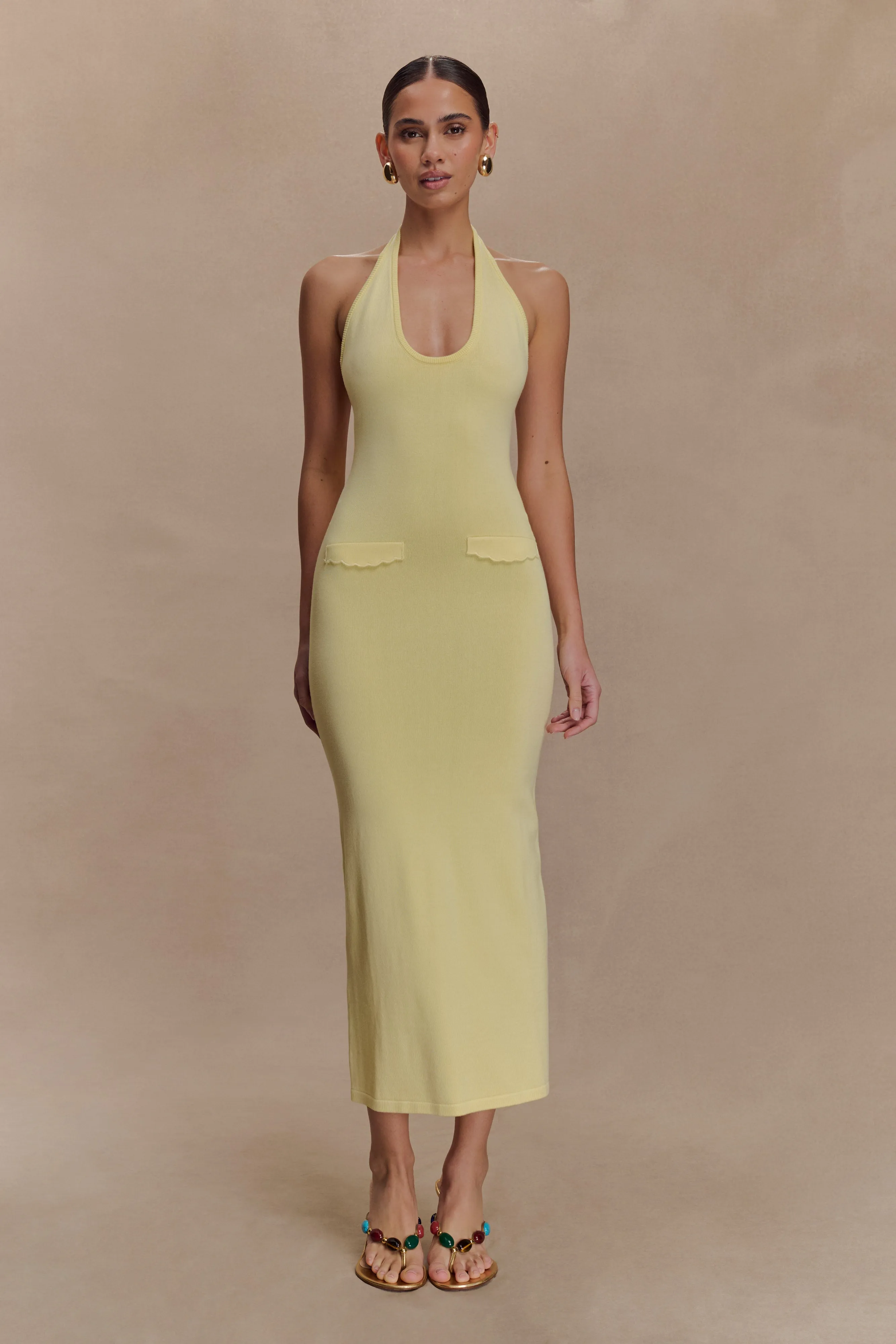 Ovina Halter Neck Knit Midi Dress - Lemon Music-Concert Scoop-Neck