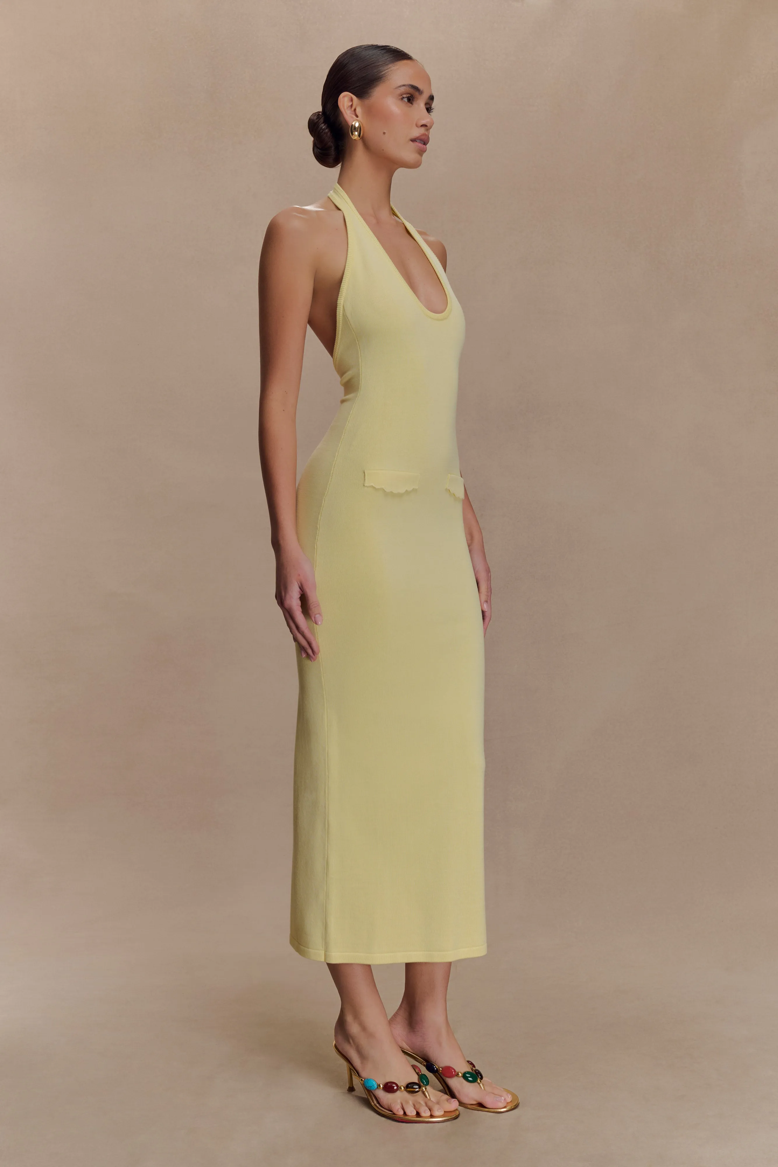 Cool Texture Ovina Halter Neck Knit Midi Dress - Lemon