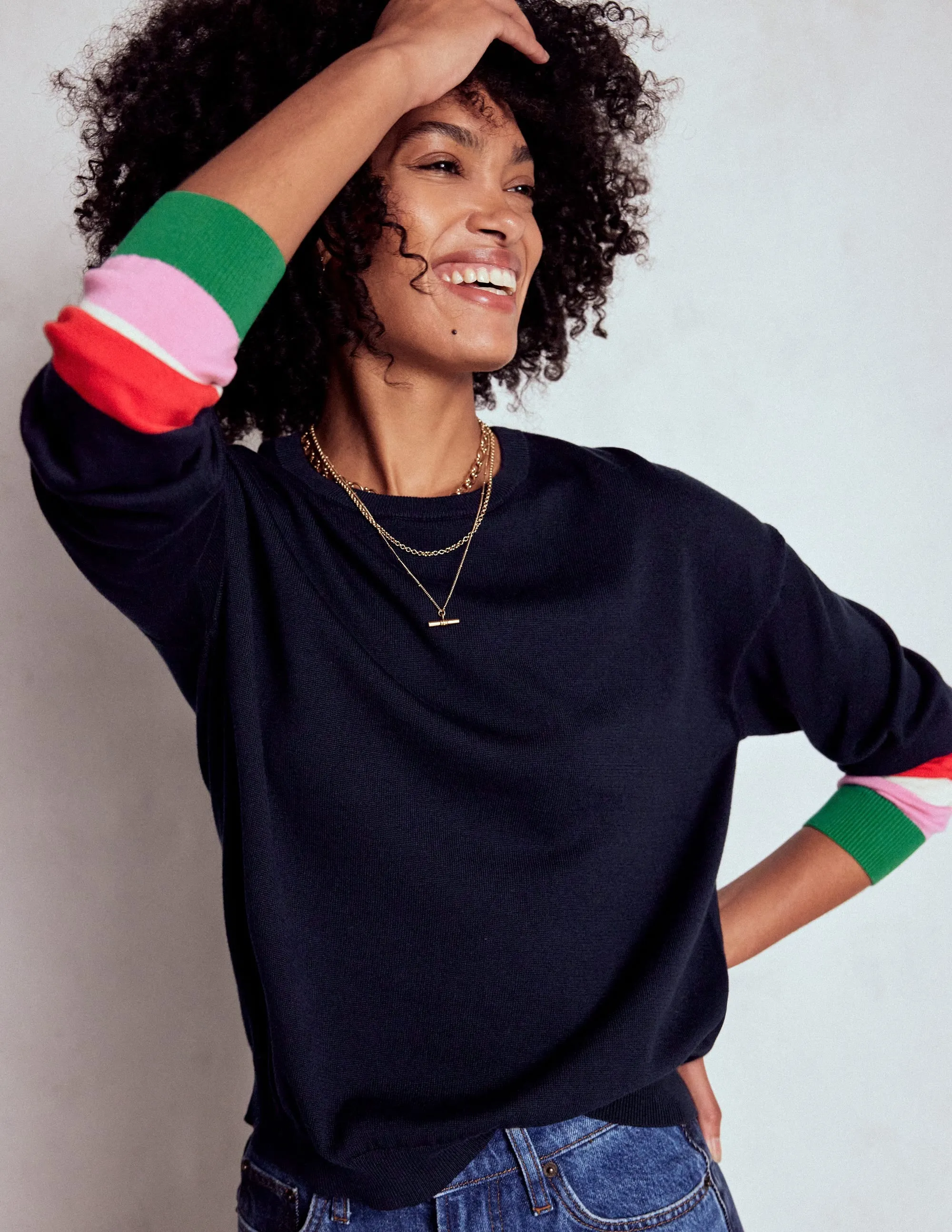 Work From Home Lara Relaxed Cotton Jumper-Navy Cuff Stripe