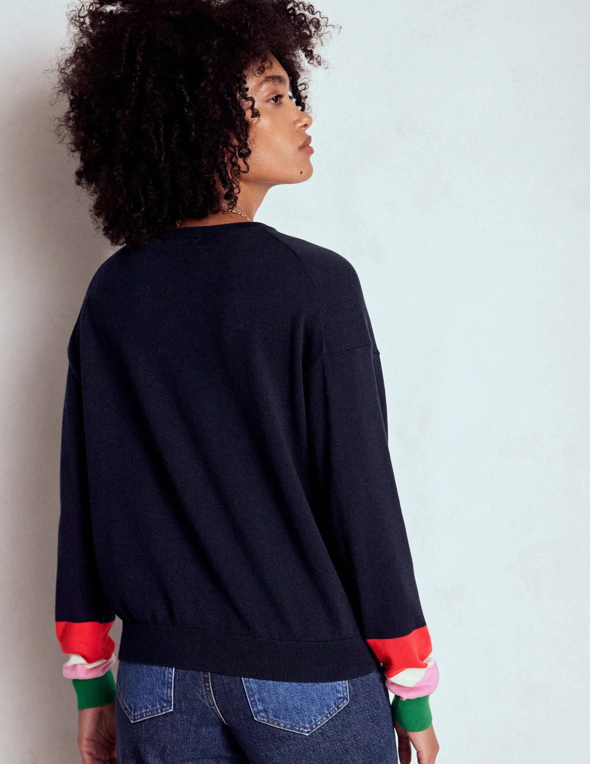 Lara Relaxed Cotton Jumper-Navy Cuff Stripe Home Casual