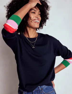 Work From Home Lara Relaxed Cotton Jumper-Navy Cuff Stripe