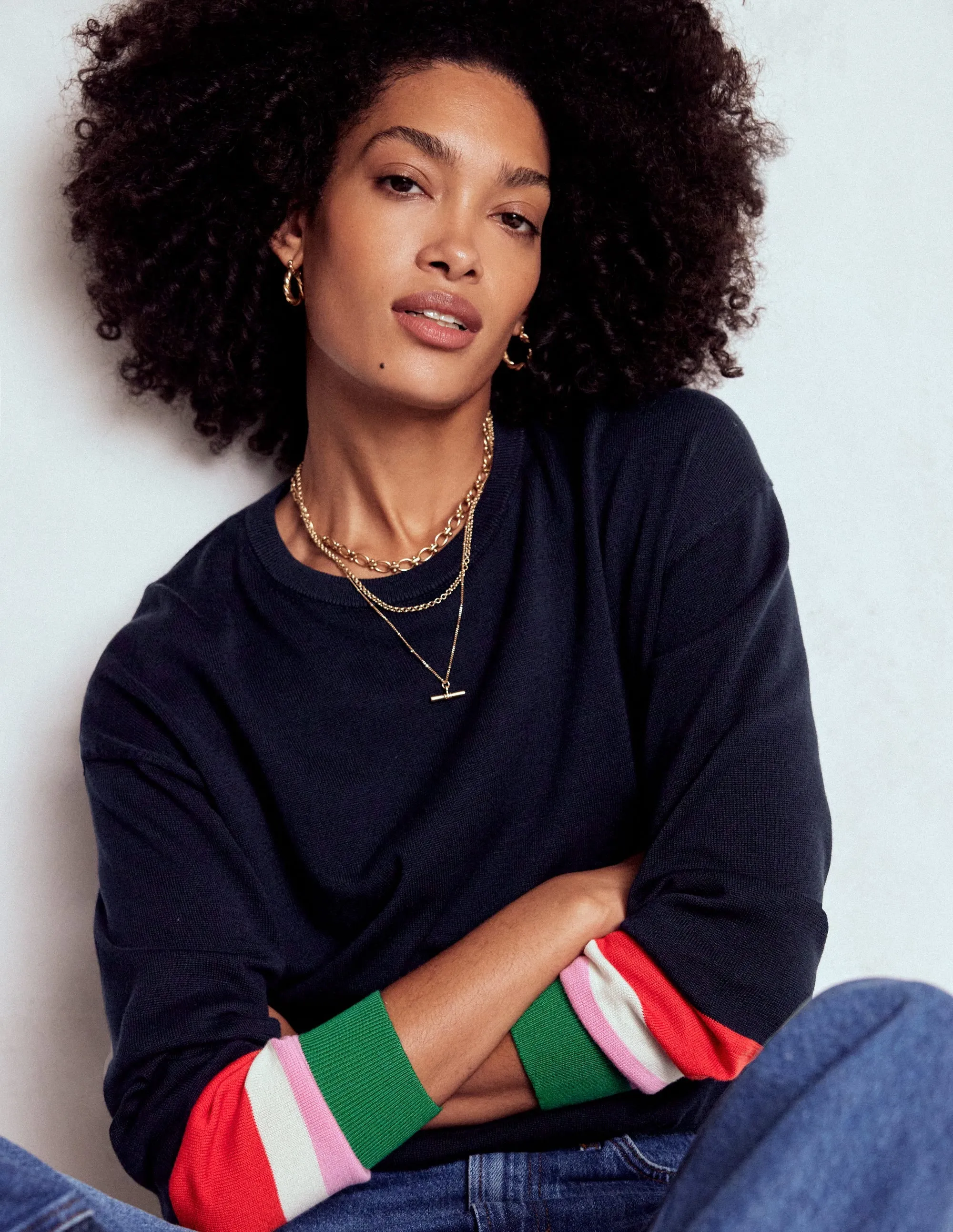 Modern Warmth Lara Relaxed Cotton Jumper-Navy Cuff Stripe