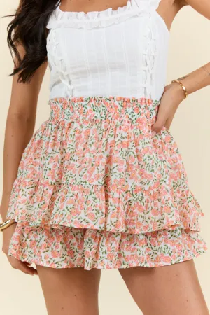 Vibrant color Pretty Moment Orange Multi Floral Print Tiered Mini Skort SALE