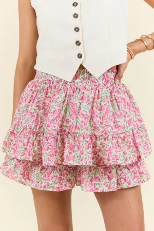 Pretty Moment Pink Multi Floral Tiered Skort SALE Flexible Waistband Tear Resistant Material