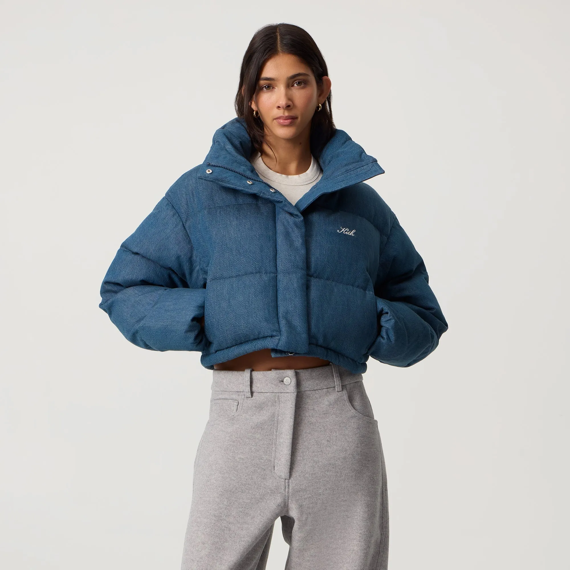 Low Profile Collar Design Kith Women Shae Tinted Denim Cropped Puffer - Luka Wash