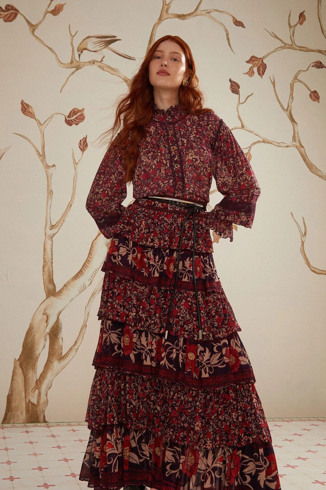 Purple Chelsea Garden Ruffles Maxi Skirt ribbed texture Budget Friendly