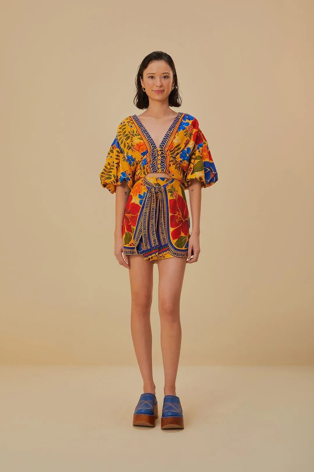 Yellow Floral Yard Lenzing? Ecovero? Euroflax? Crop Top UVProtection Coating