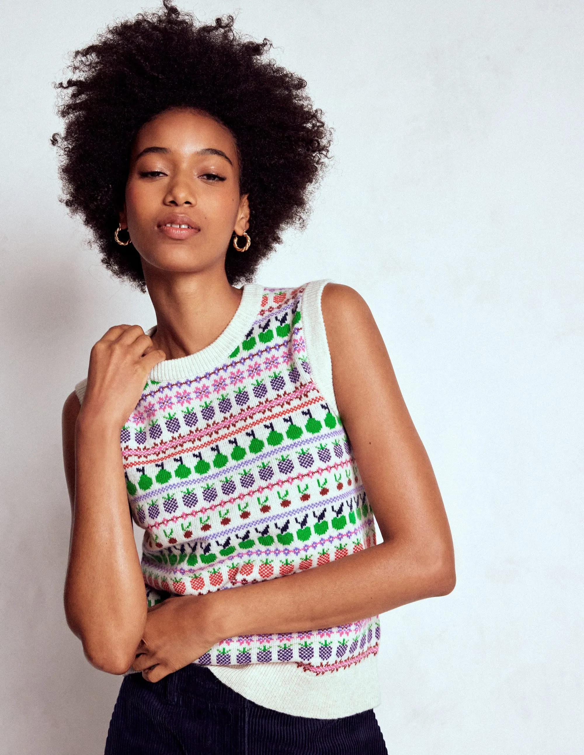 Edie Fair Isle Tank-Ecru Marl, Fruit Wrinkle Resistant Finish Cashmere Blend