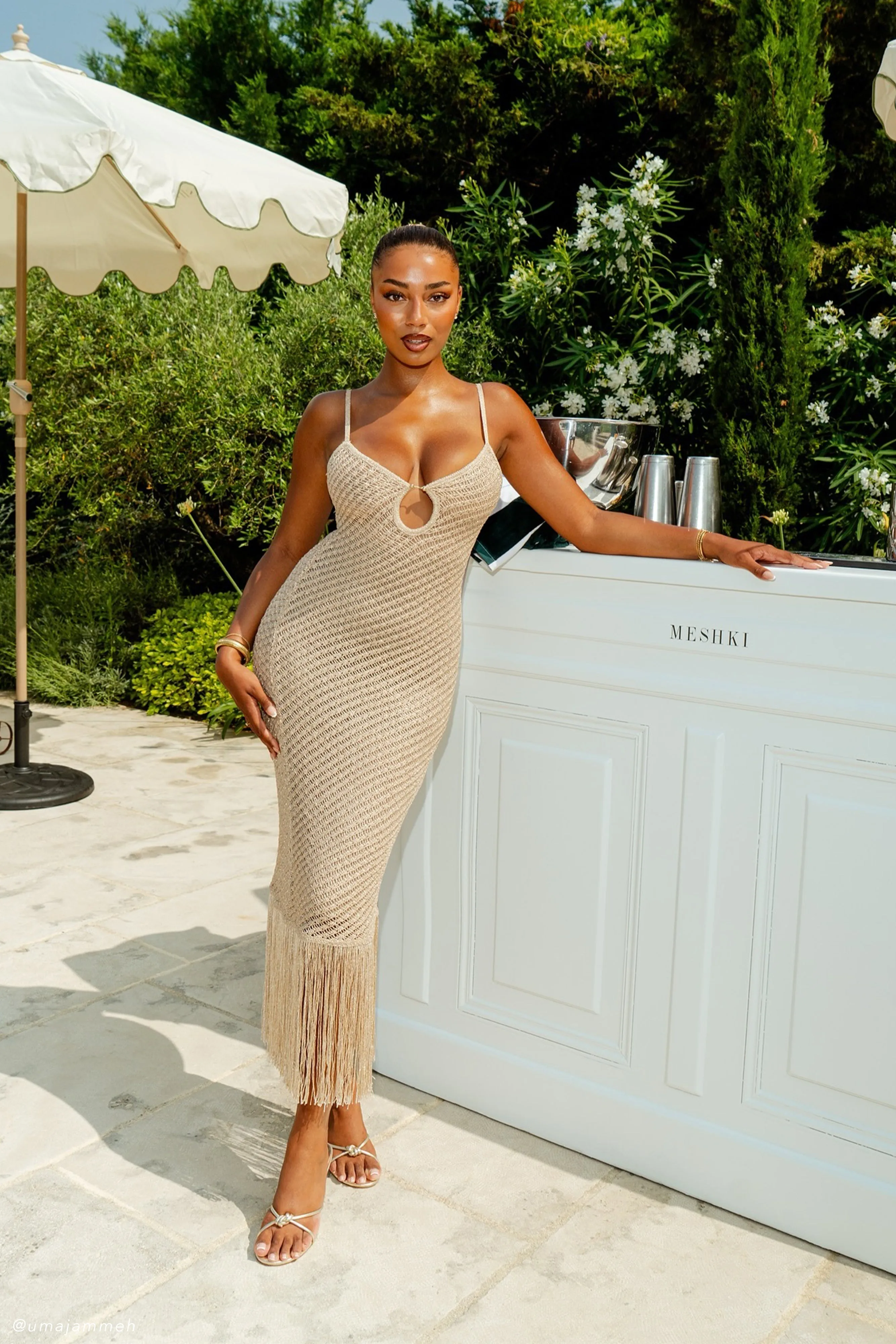 Raelynn Metallic Knit Fringe Midi Dress - Gold Playful touch