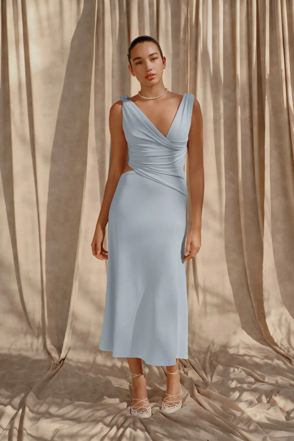 Bow Glow Raleigh Asymmetrical Slinky Midi Dress - Pale Blue