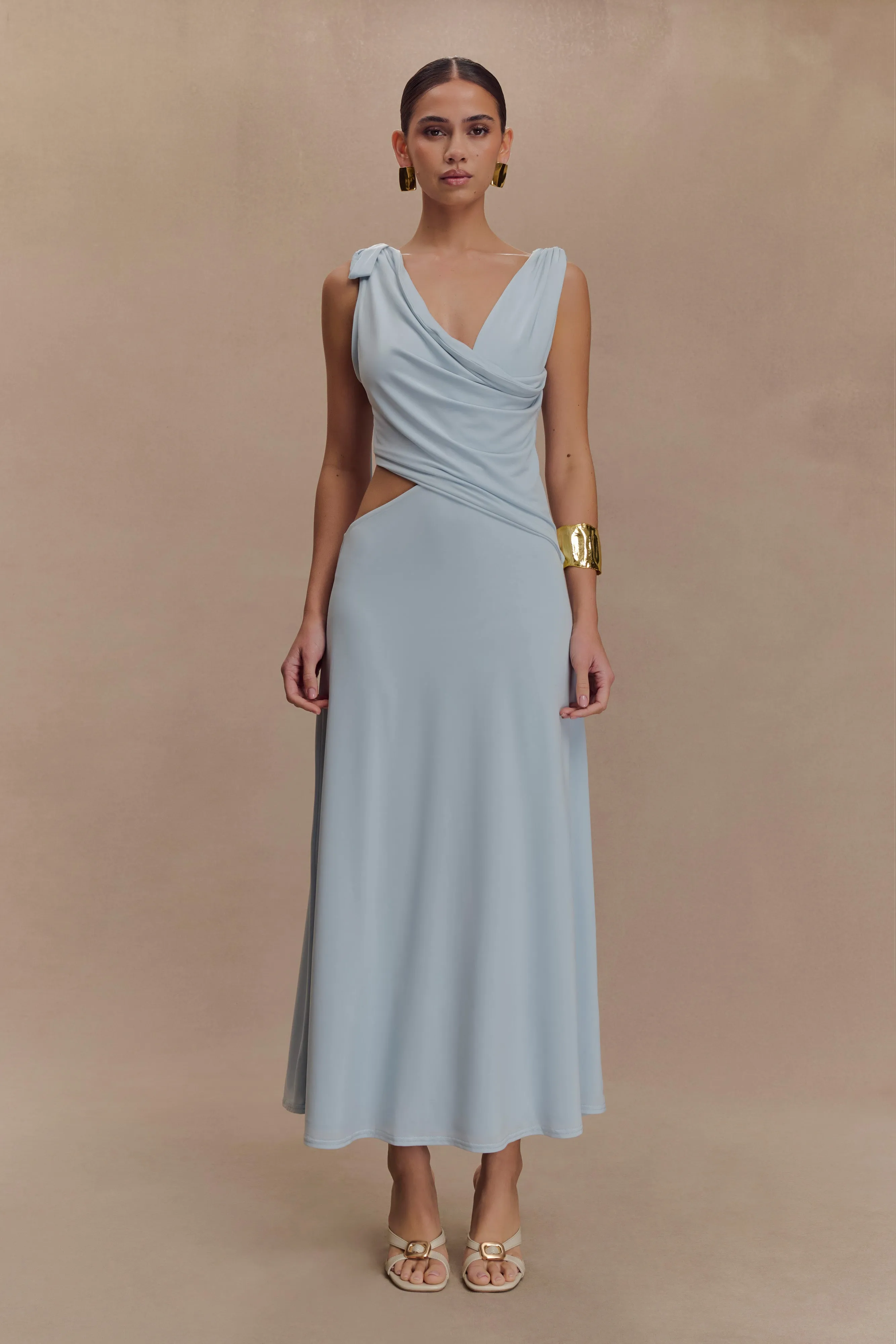 Raleigh Asymmetrical Slinky Midi Dress - Pale Blue Earth-Tone All Fit Style