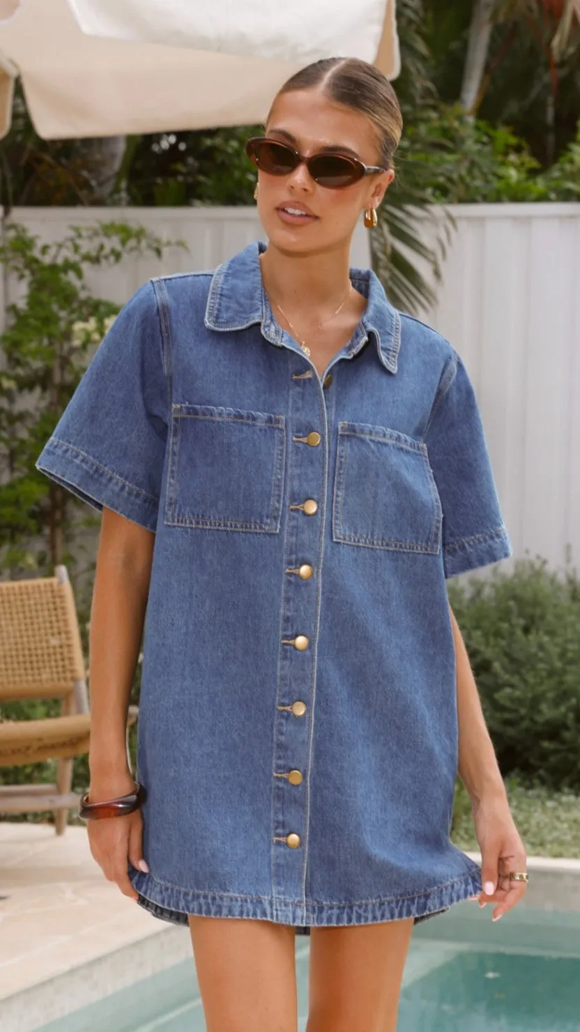 Rayna Denim Mini Dress - Dark Denim Feminine full-length gown Baby-Shower