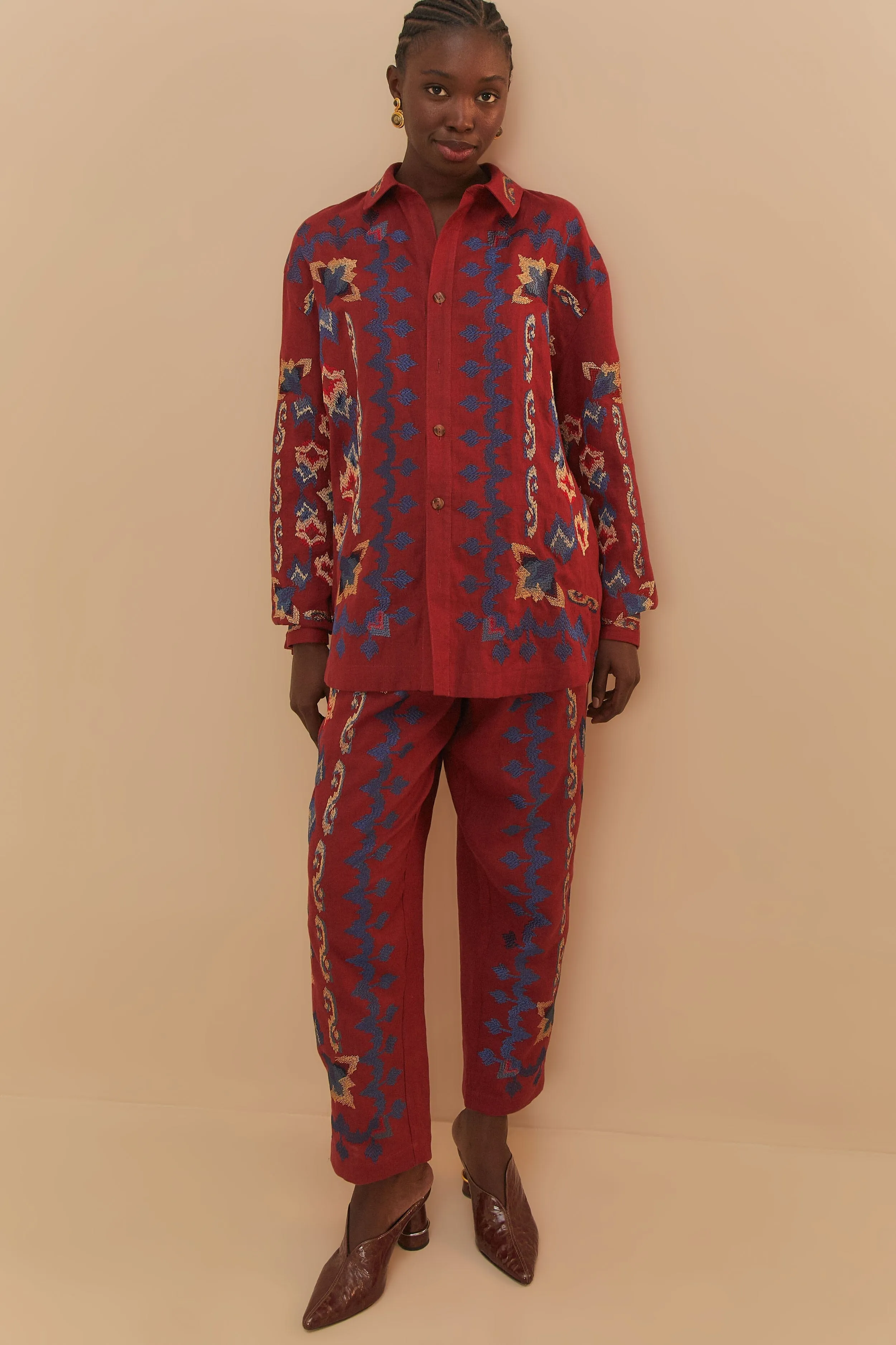 Casual Layer Fit Red Floral Embroidery Jacquard Pants