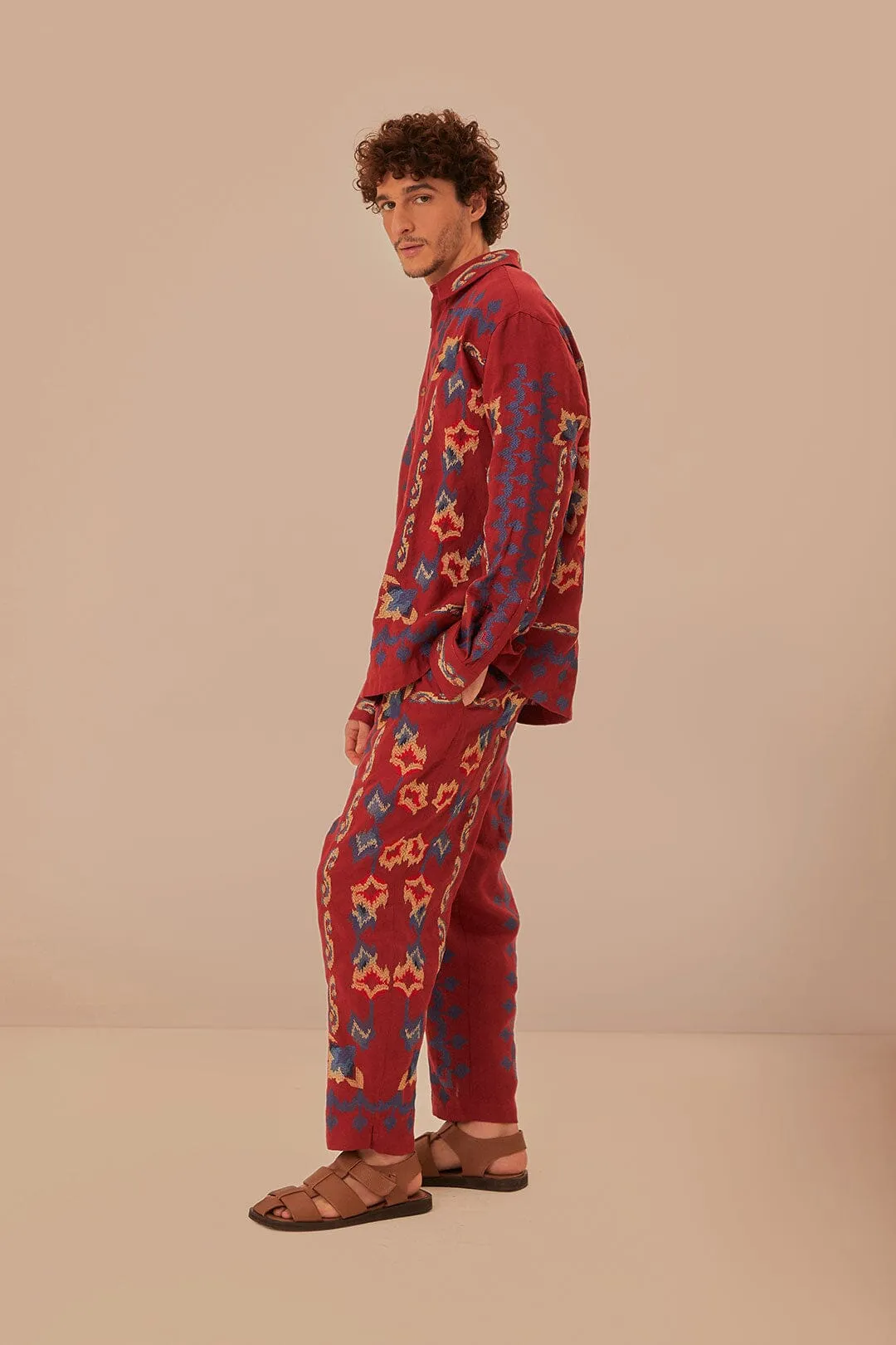 Travel Essential Red Floral Embroidery Jacquard Pants