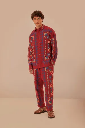 Red Floral Embroidery Jacquard Pants WaterRepellentCoating HypoallergenicFabric