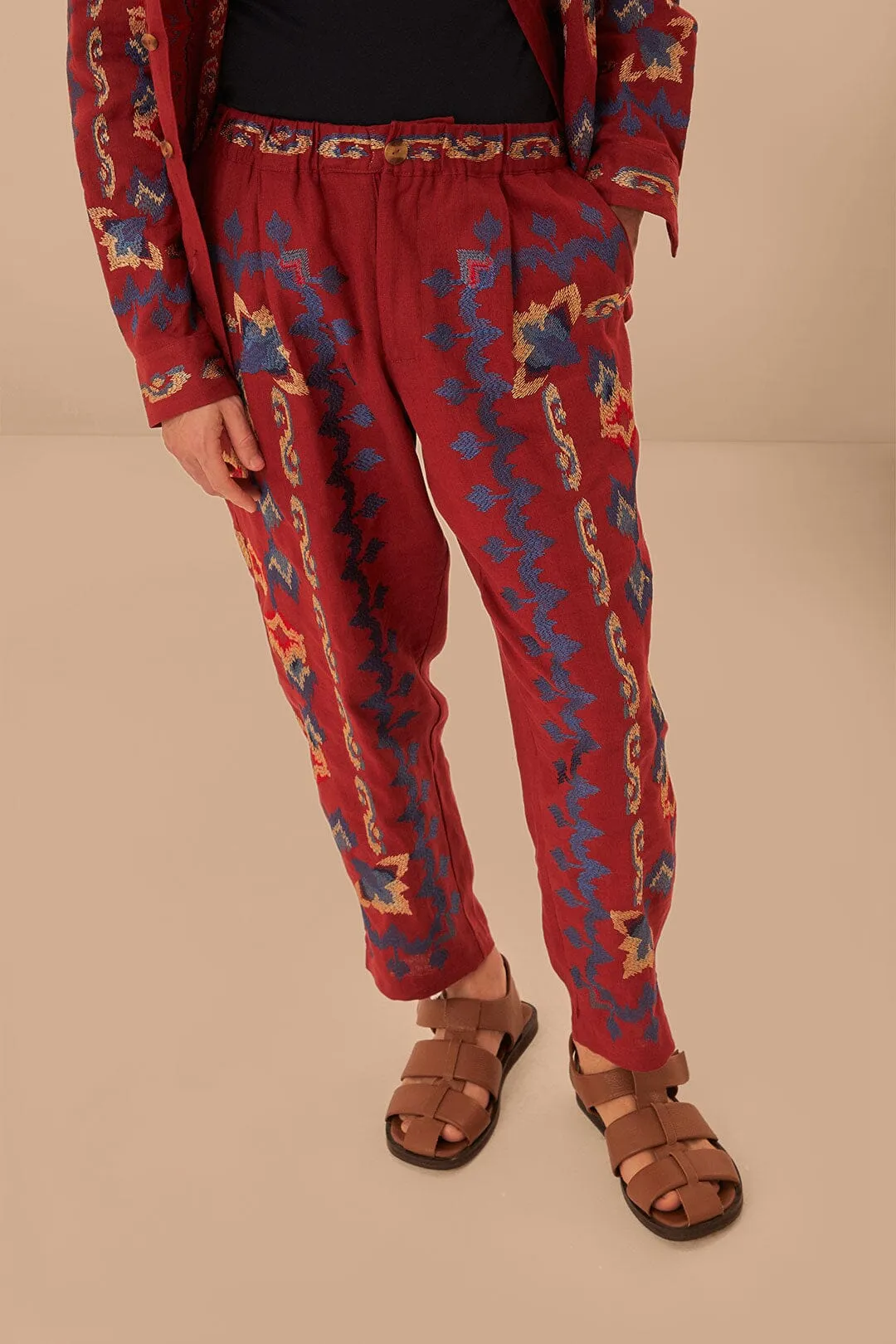 Red Floral Embroidery Jacquard Pants Flexible Layer Fit