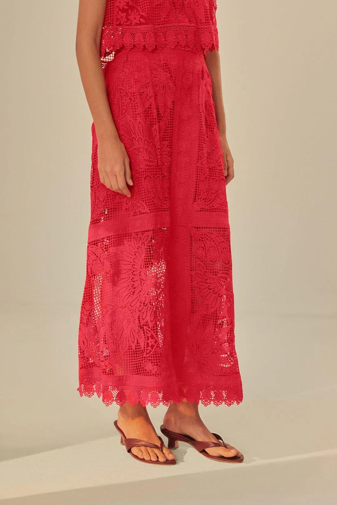 Non see through Red Toucan Guipure Midi Skirt