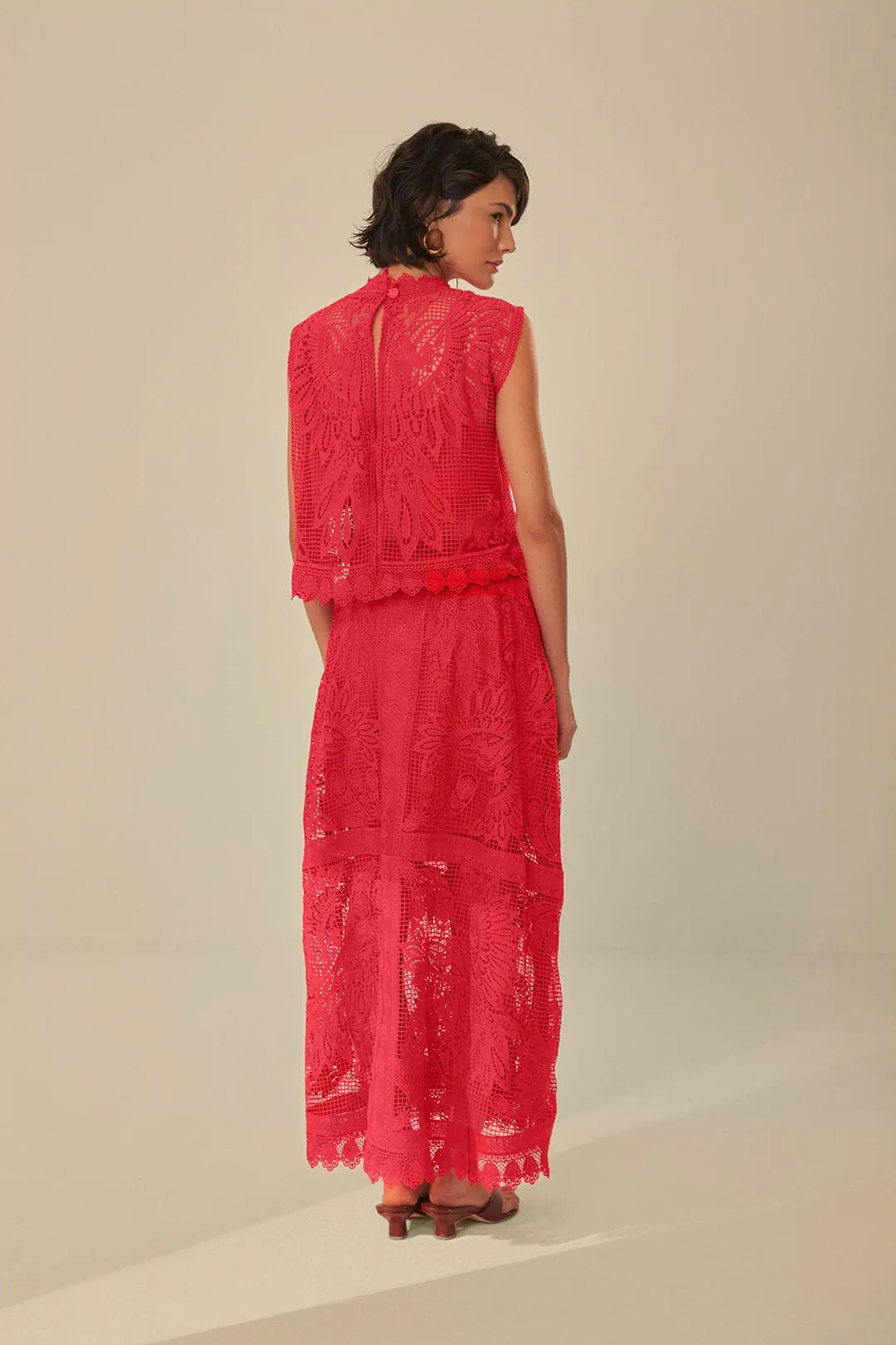 Soft Touch Urban Fashion Red Toucan Guipure Midi Skirt