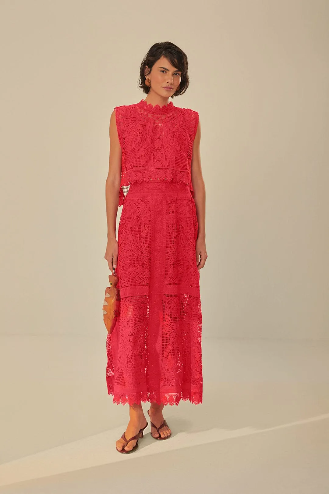 party look Non Restrictive Fit Red Toucan Guipure Midi Skirt