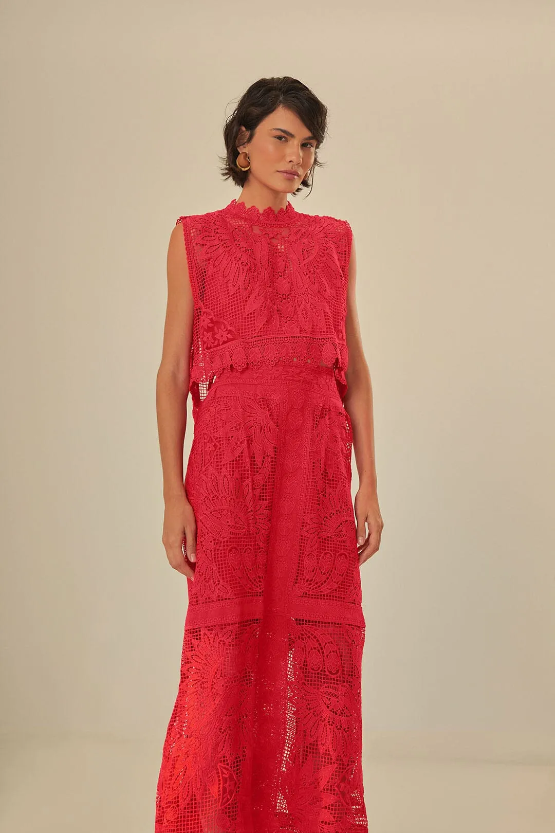 Red Toucan Guipure Midi Skirt High Shine Wool blend