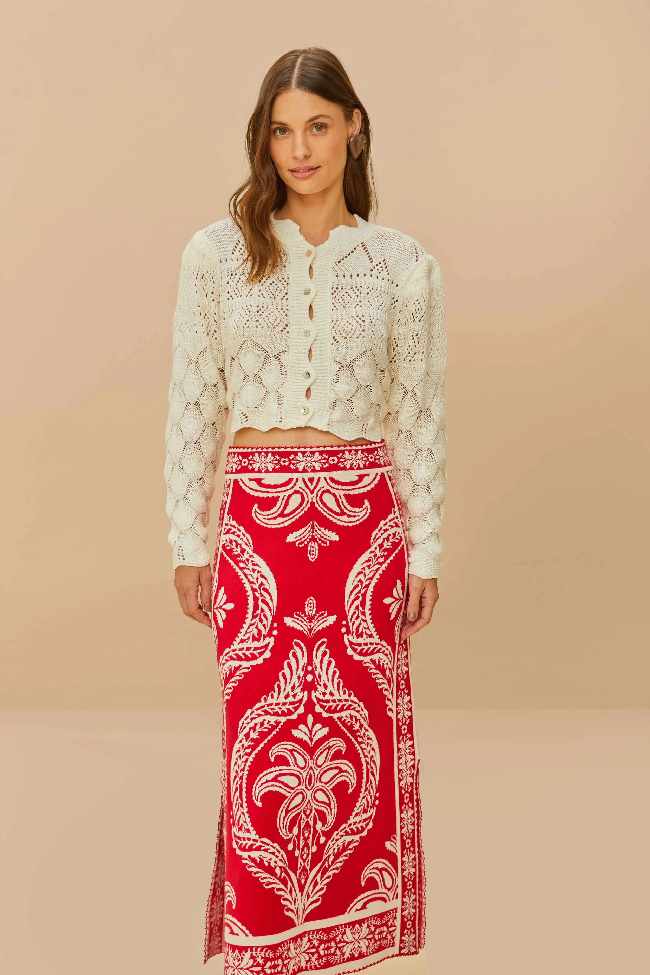 Smart Look Texture Play Red Tropical Jacquard Knit Skirt