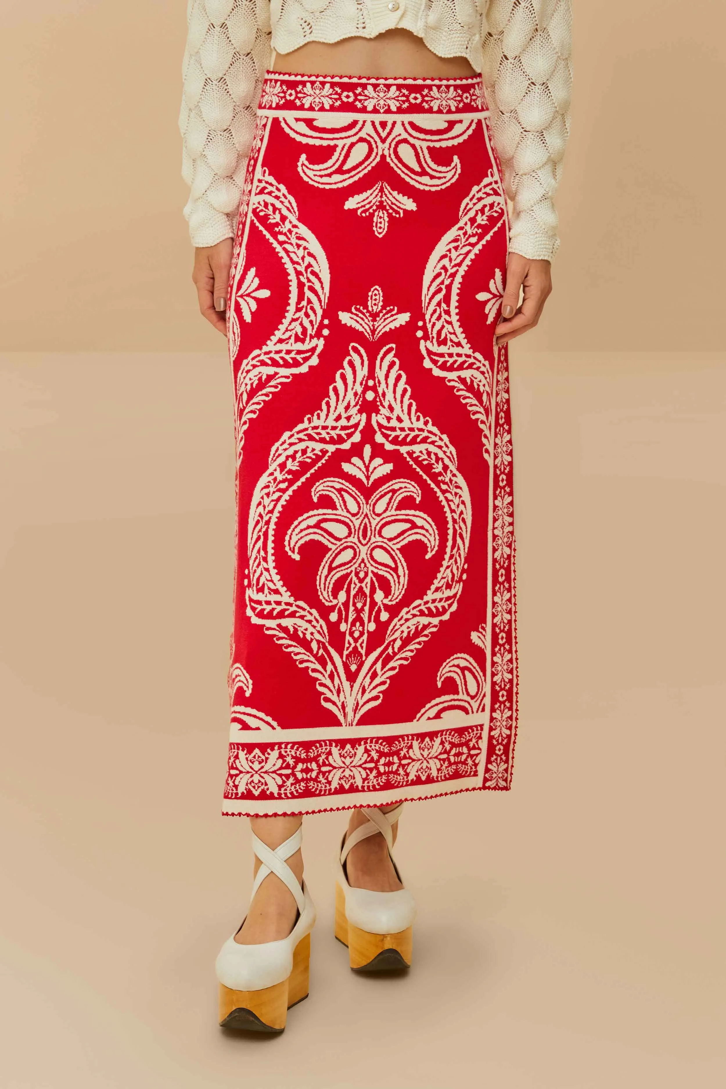 Relaxed Vibe Red Tropical Jacquard Knit Skirt