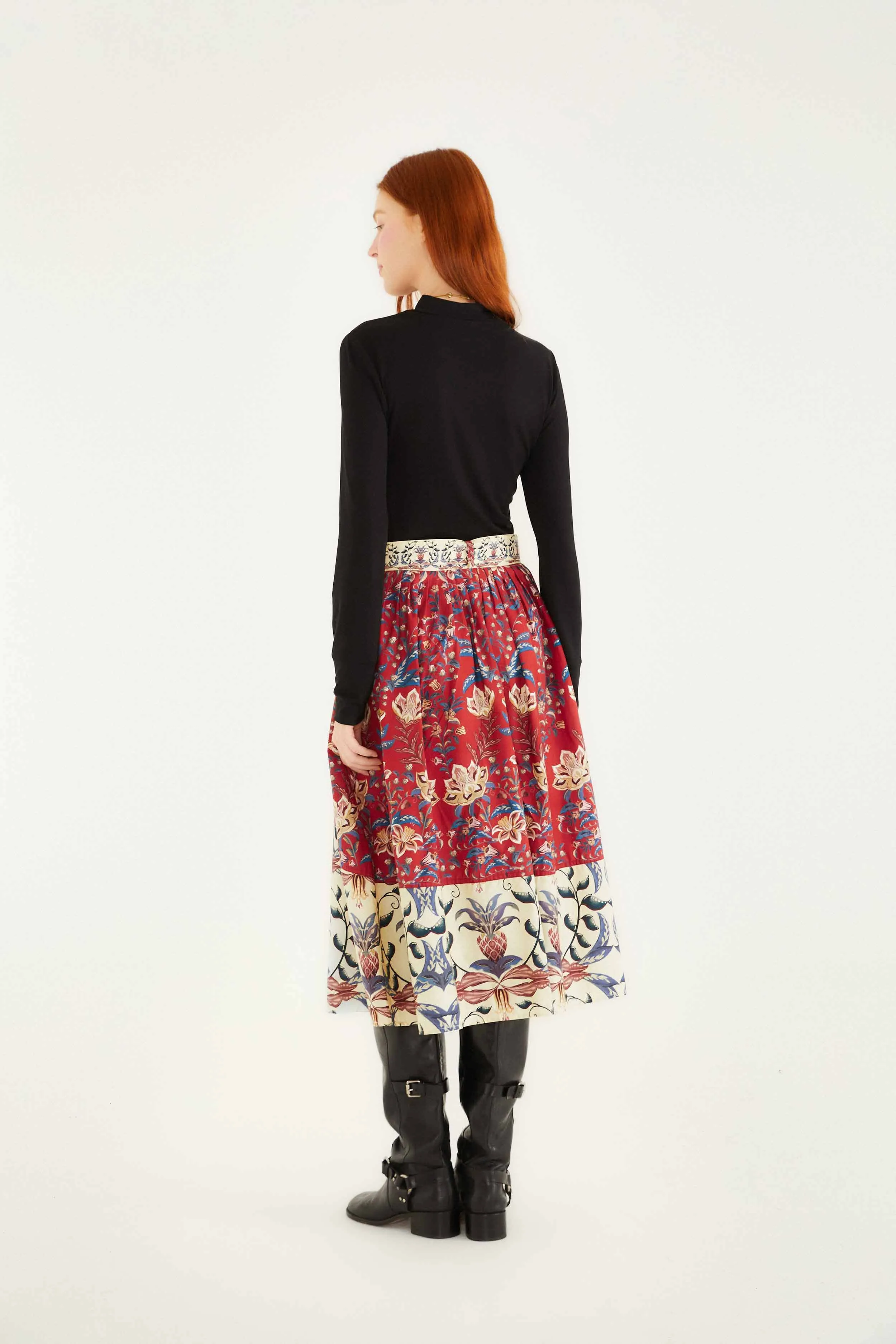 flared silhouette Soft Palette Red Winter Breeze Buttoned Belted Organic Cotton Midi Skirt
