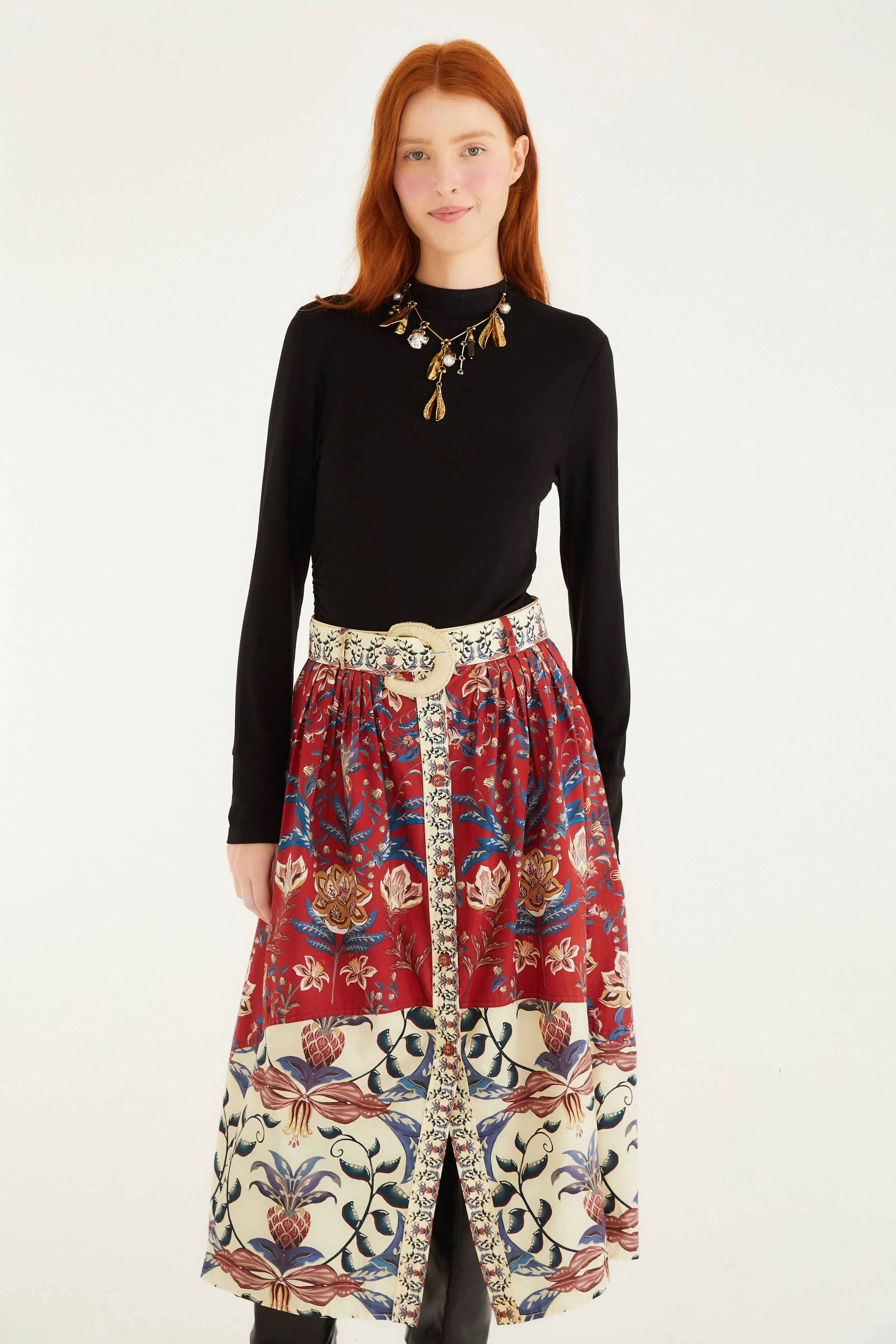 Red Winter Breeze Buttoned Belted Organic Cotton Midi Skirt Luxury Finish
