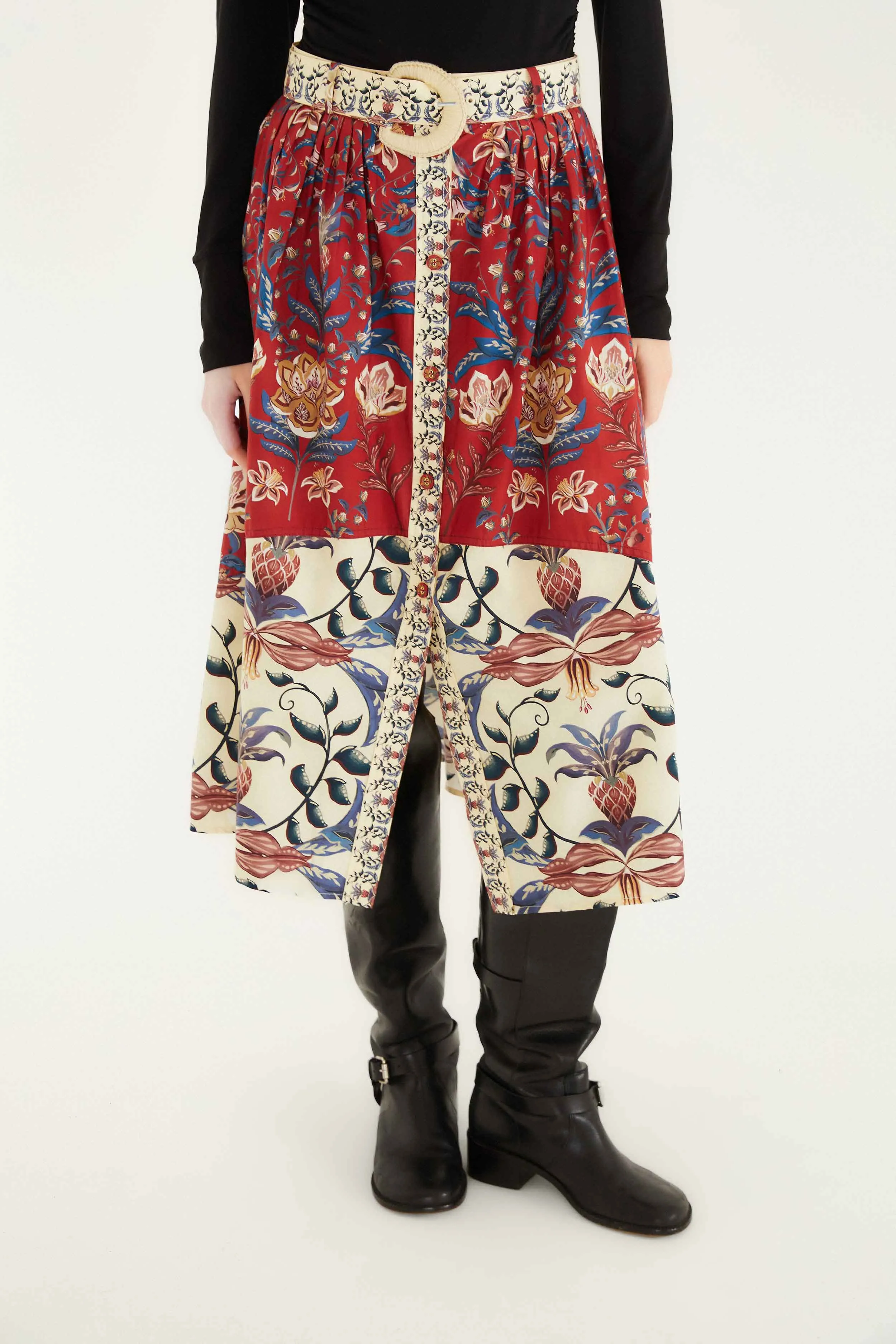 Travel Ready Red Winter Breeze Buttoned Belted Organic Cotton Midi Skirt