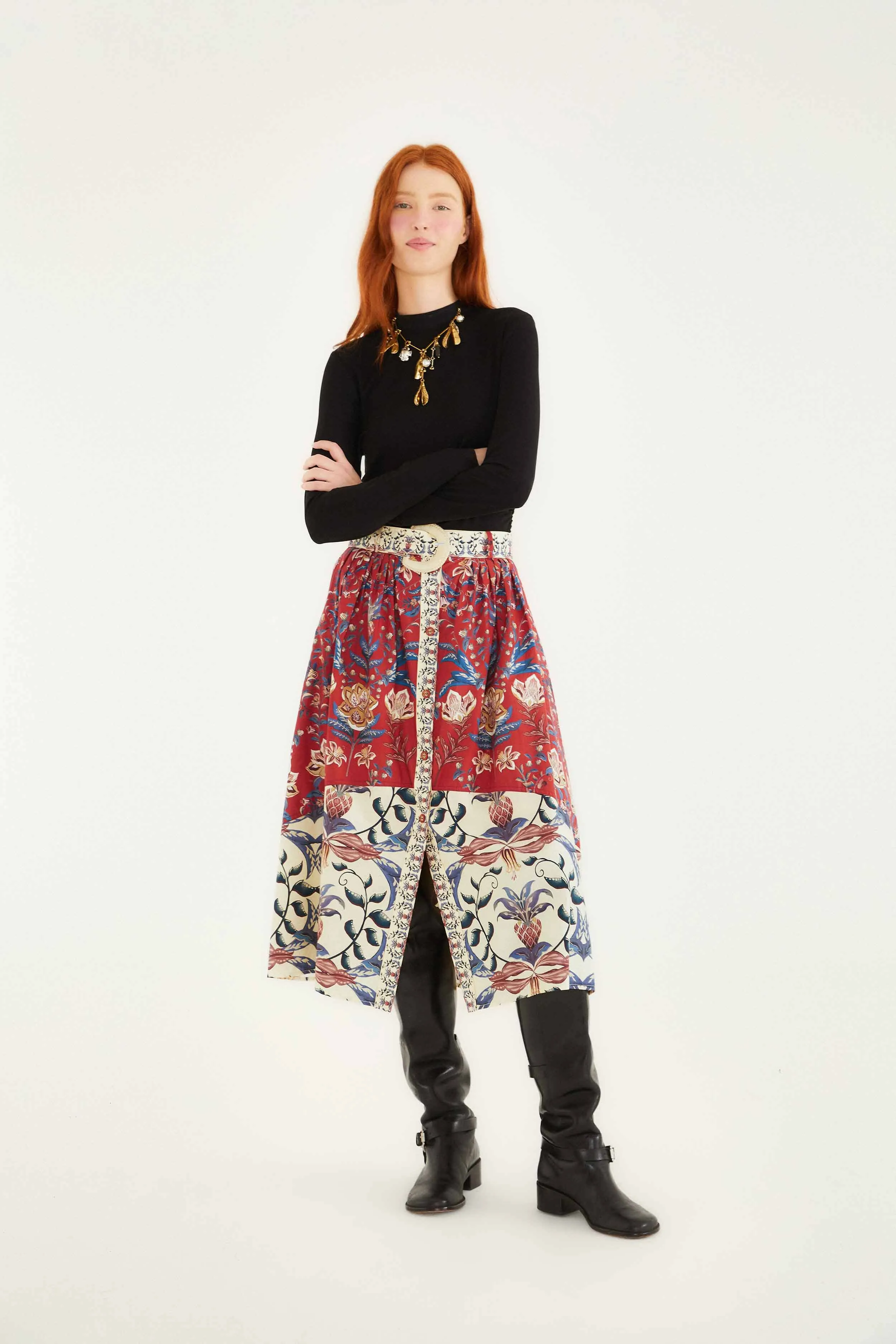 Crisp Edge Red Winter Breeze Buttoned Belted Organic Cotton Midi Skirt