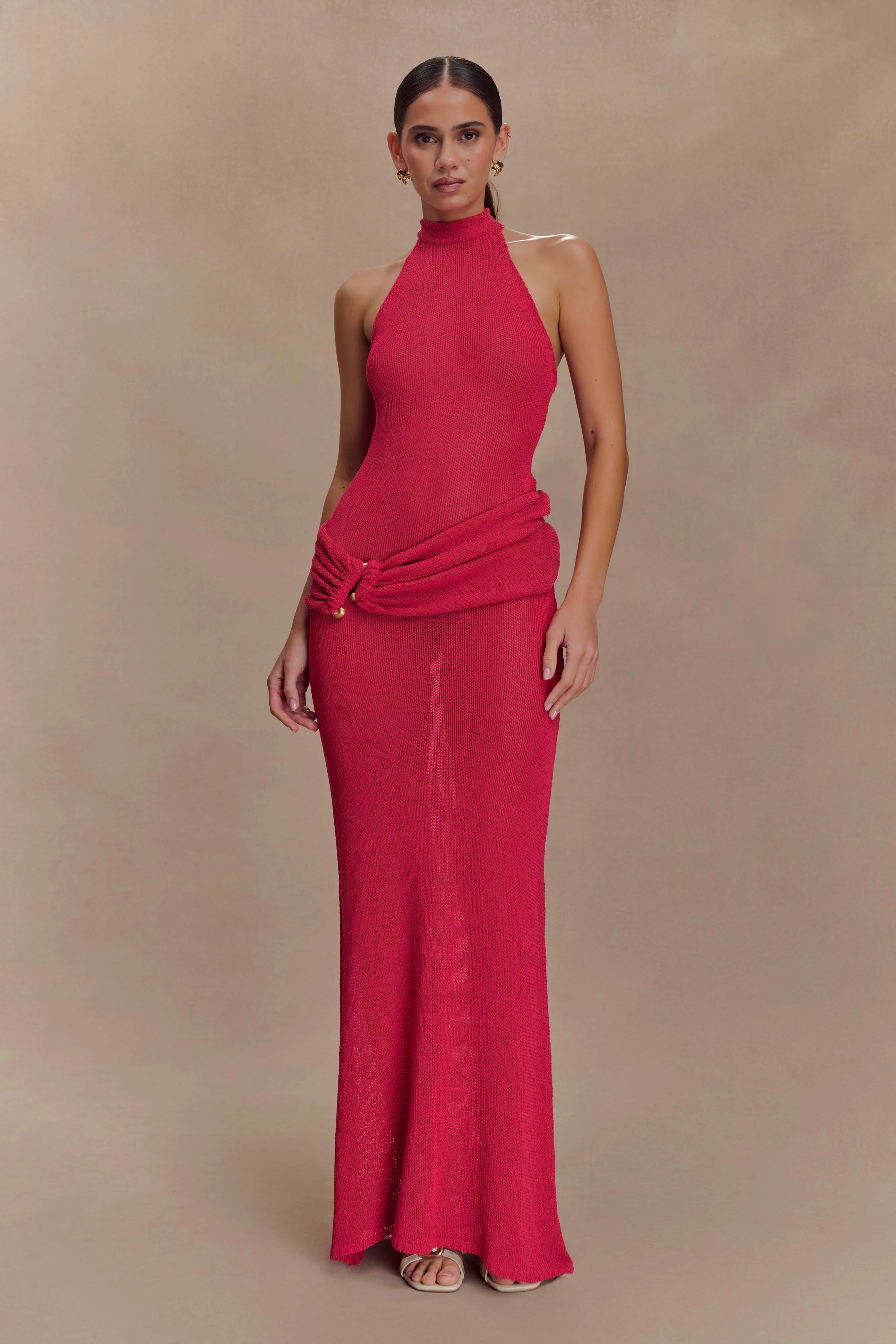 Basic Fashion Reece Halter Knit Maxi Dress - Dragonfruit