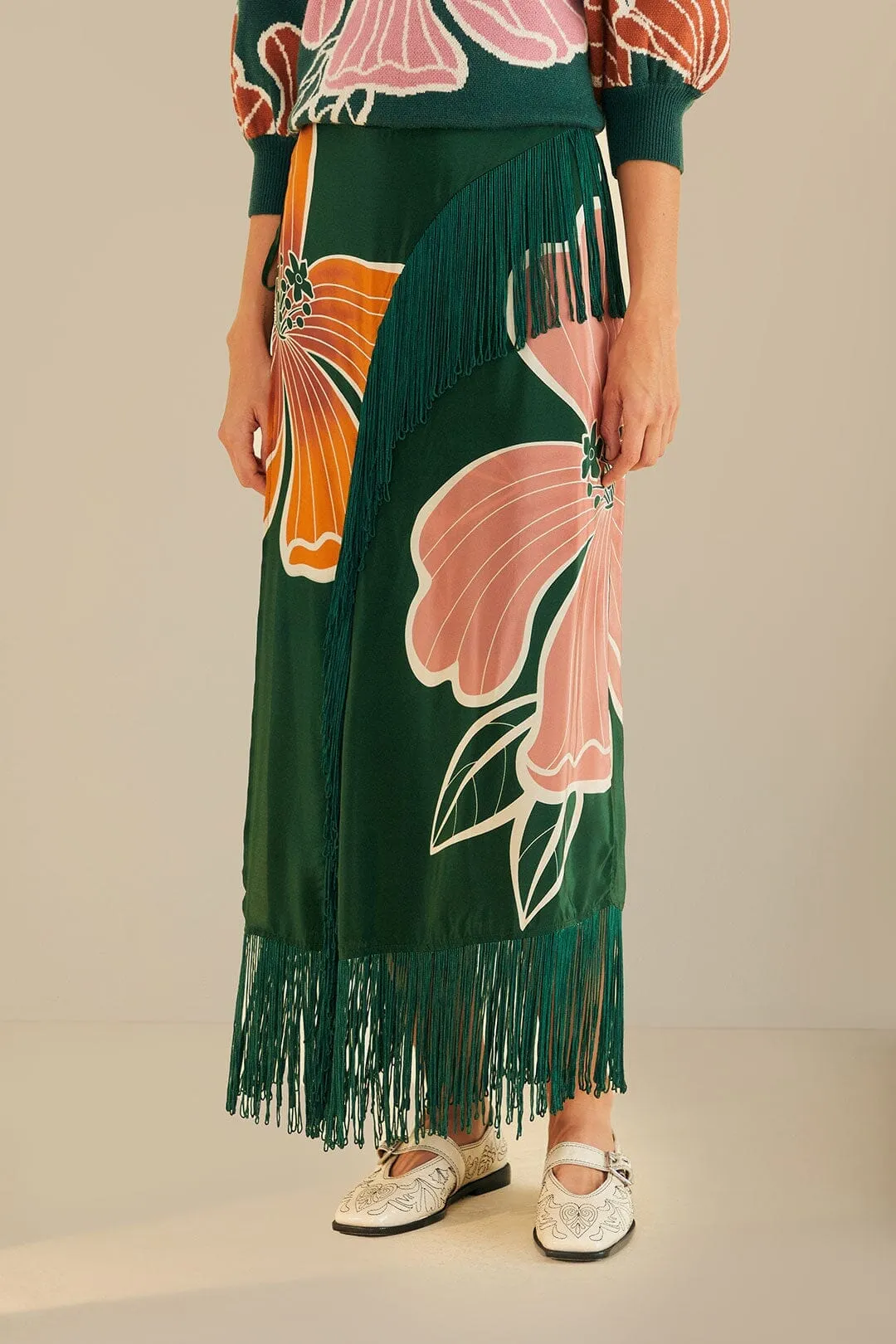 Green Honolulu Flowers Fringe Maxi Skirt Clean Aesthetic