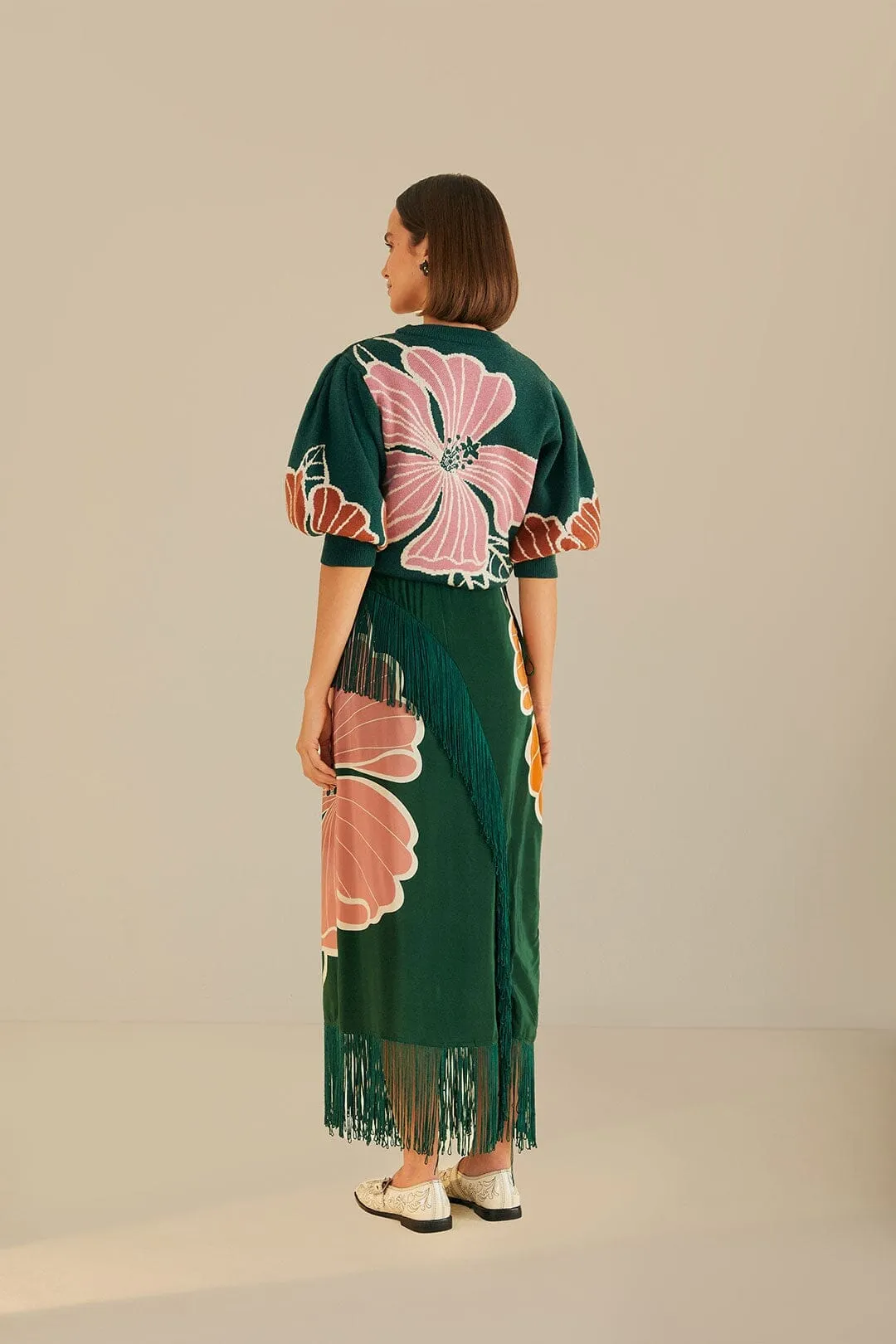 Tagless label Green Honolulu Flowers Fringe Maxi Skirt