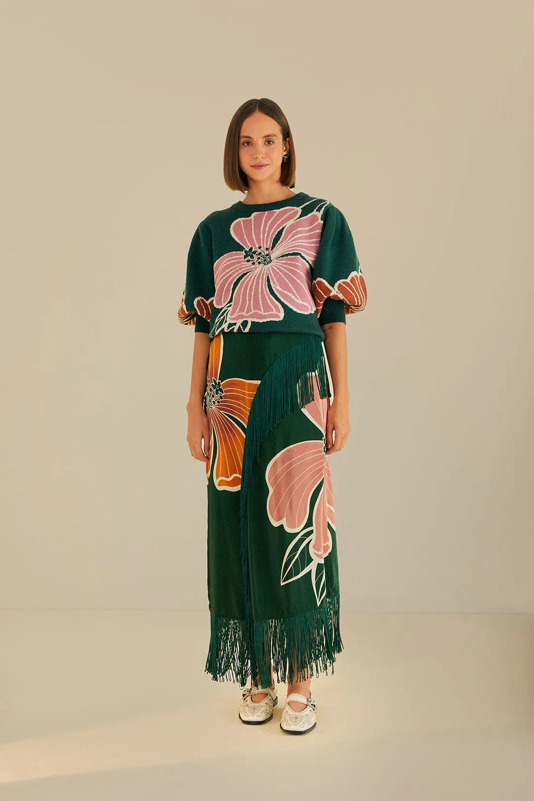 Functional Fashion Green Honolulu Flowers Fringe Maxi Skirt