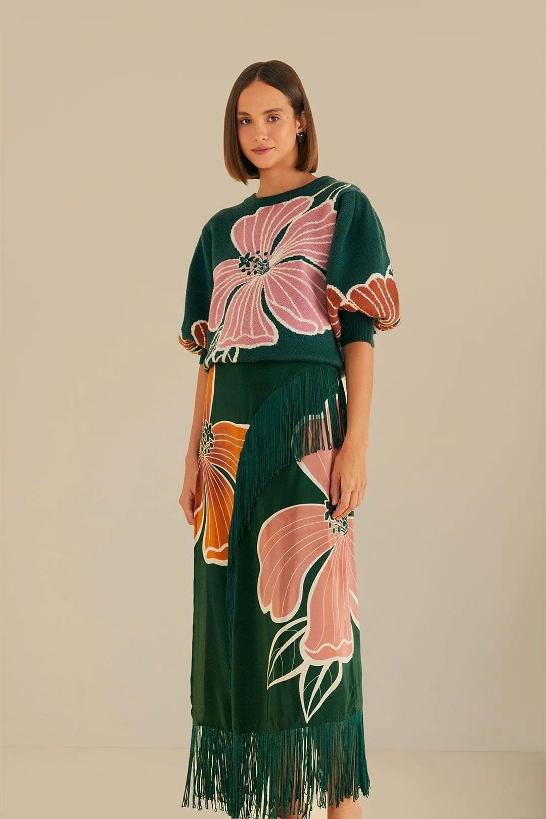 Metallic Finish Green Honolulu Flowers Fringe Maxi Skirt